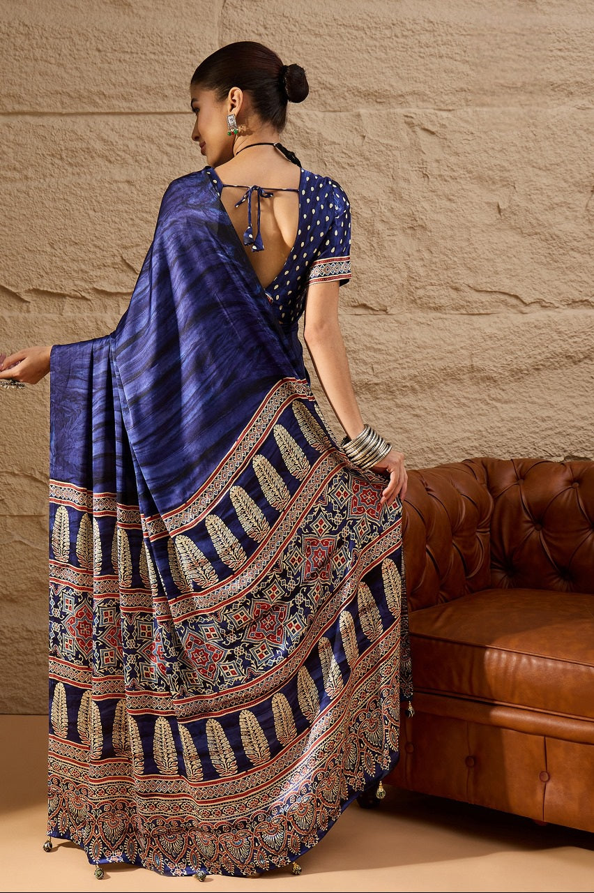 917007 Trending Ajrakh Print with Shibbori Semi Modal Silk Saree - Blue