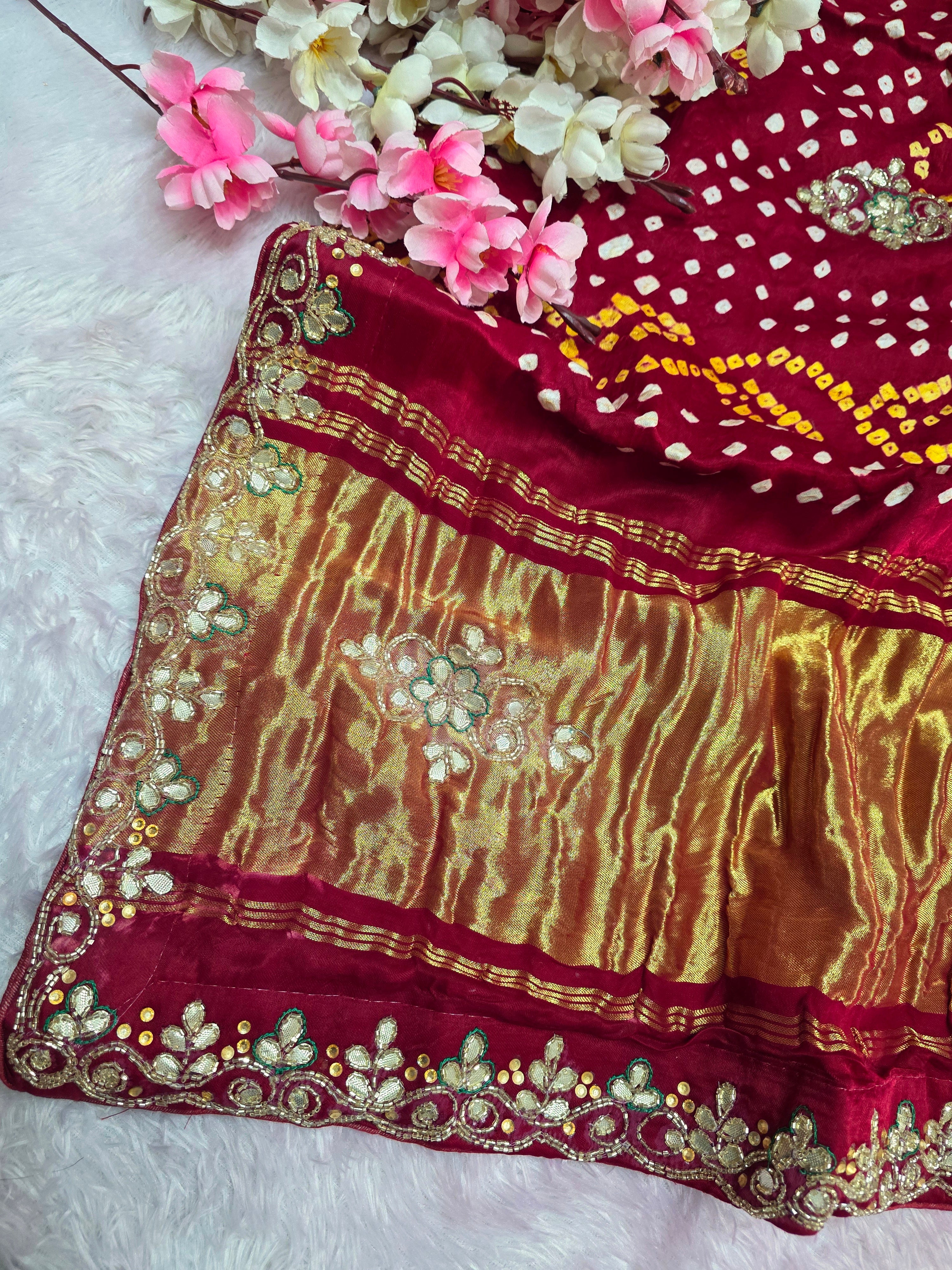 969005 Traditional Gajji Silk Bandhani Saree with Hand Gota Patti Work - Maroon