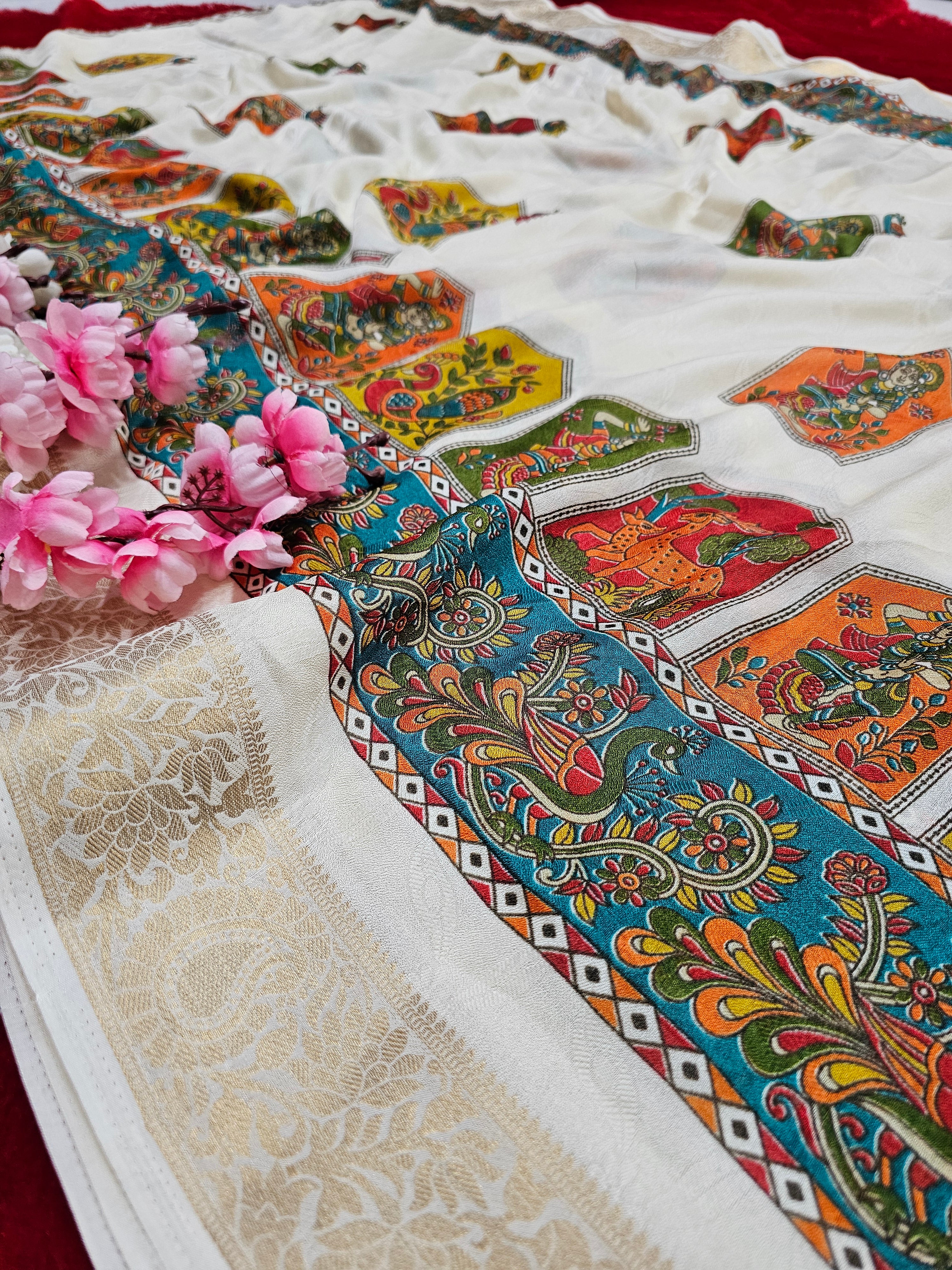 994004 Premium Kashmiri Print Self Weaving Crepe Silk Saree With Zari Weaving Border - Cream