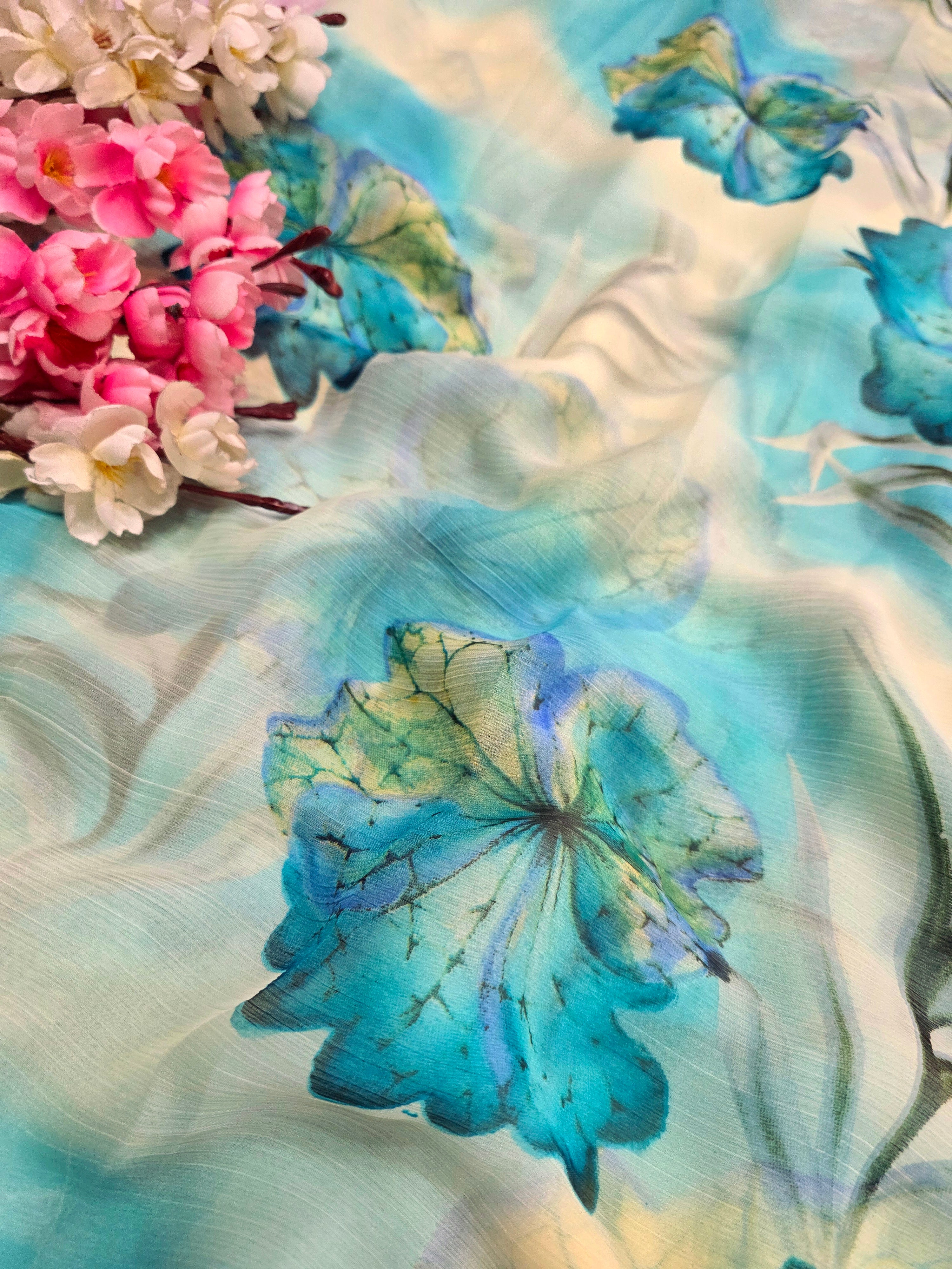 103902 Lightweight Elegant Semi Chiffon Flower Print Saree - Blue