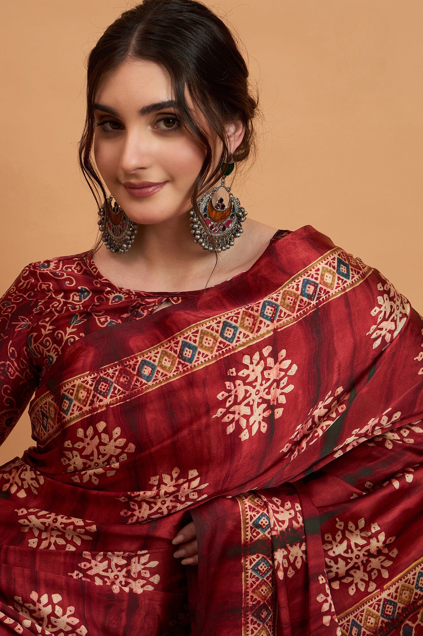 836002 Trending Ajrakh Print Semi Modal Silk Saree - Maroon