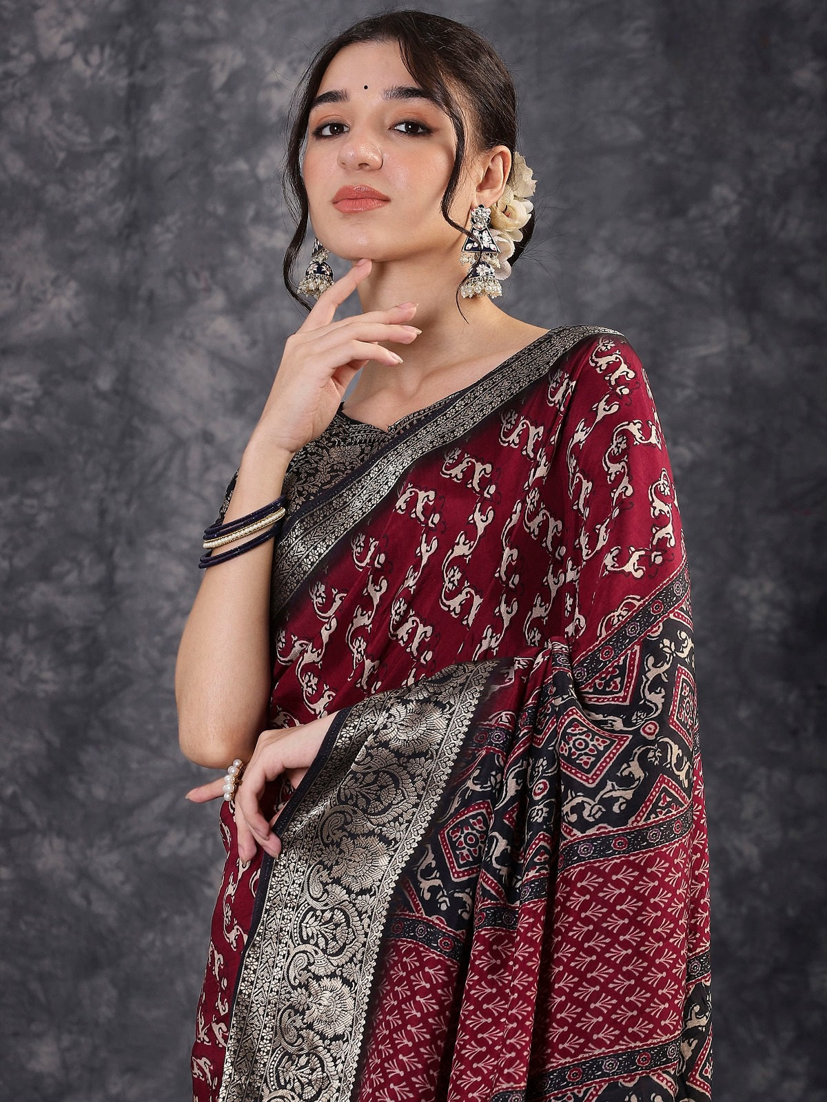 100603 Beautiful Pure Maslin Silk Traditional Print Saree with Zari Weaving Border and Heavy Brocket Blouse