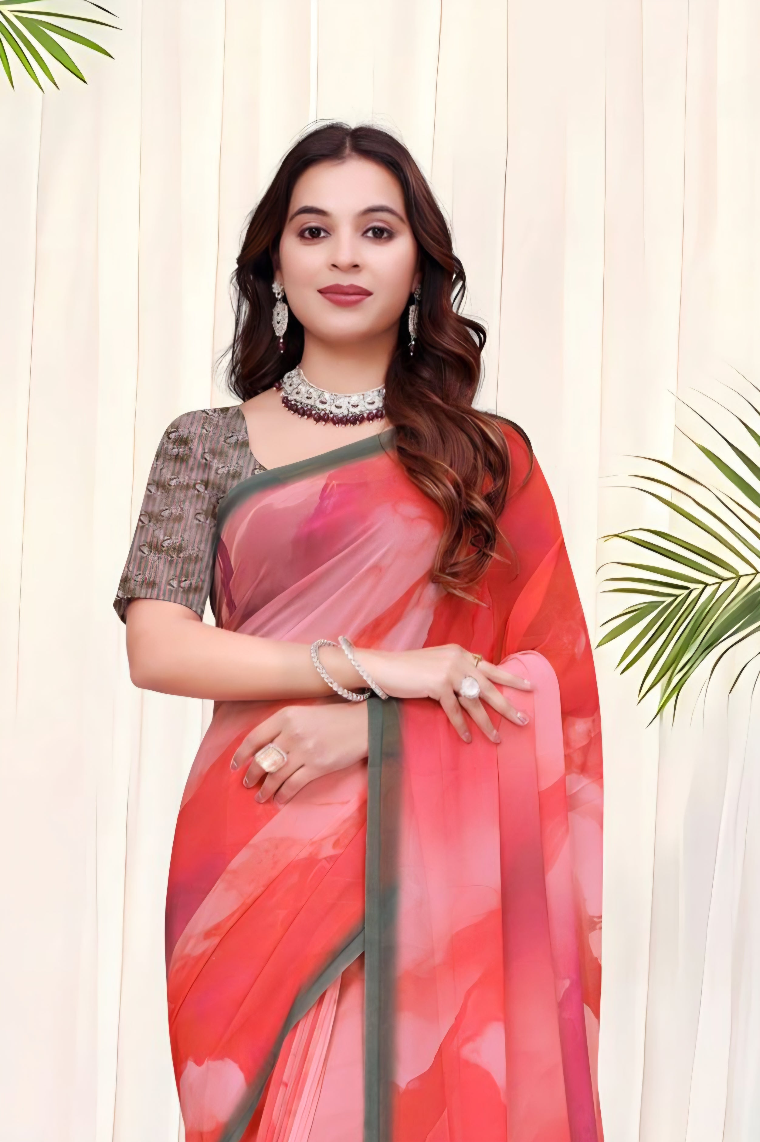 695012 डिजिटल फ्लावर प्रिंट जॉर्जेट क्रेप साड़ी