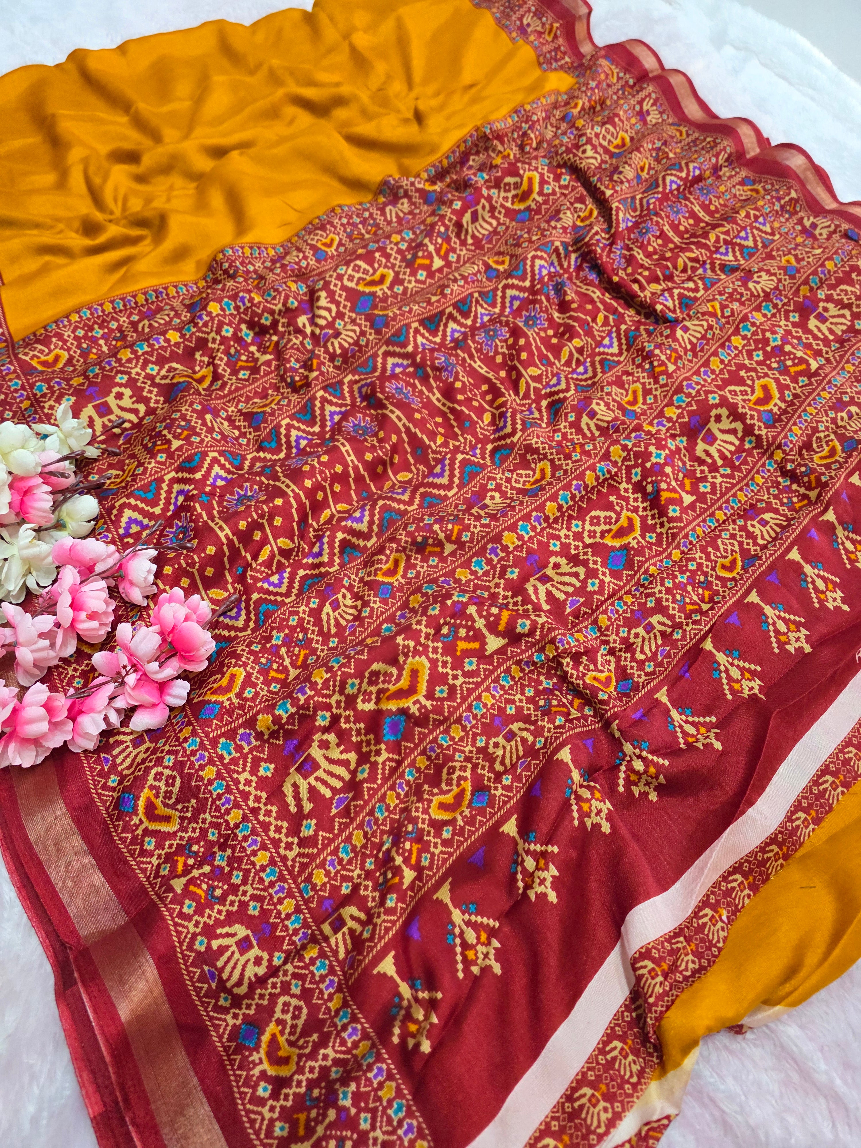 964004 Traditional Patola Border Saree with Plain Body Dola Silk Saree - Yellow