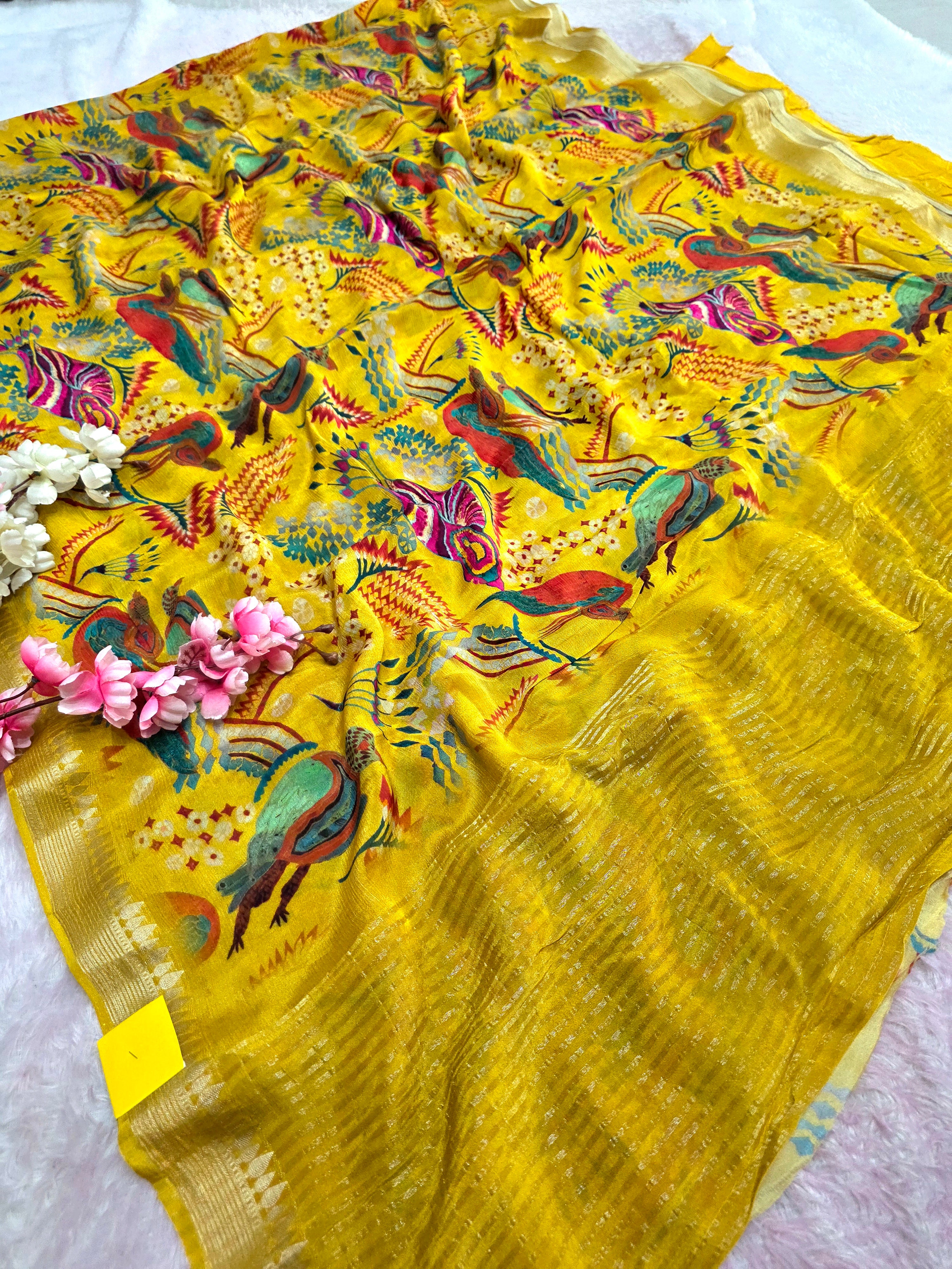 CA0969 Chitra Exclusive Pure Chinon Silk Flower Printed Saree With Zari Border