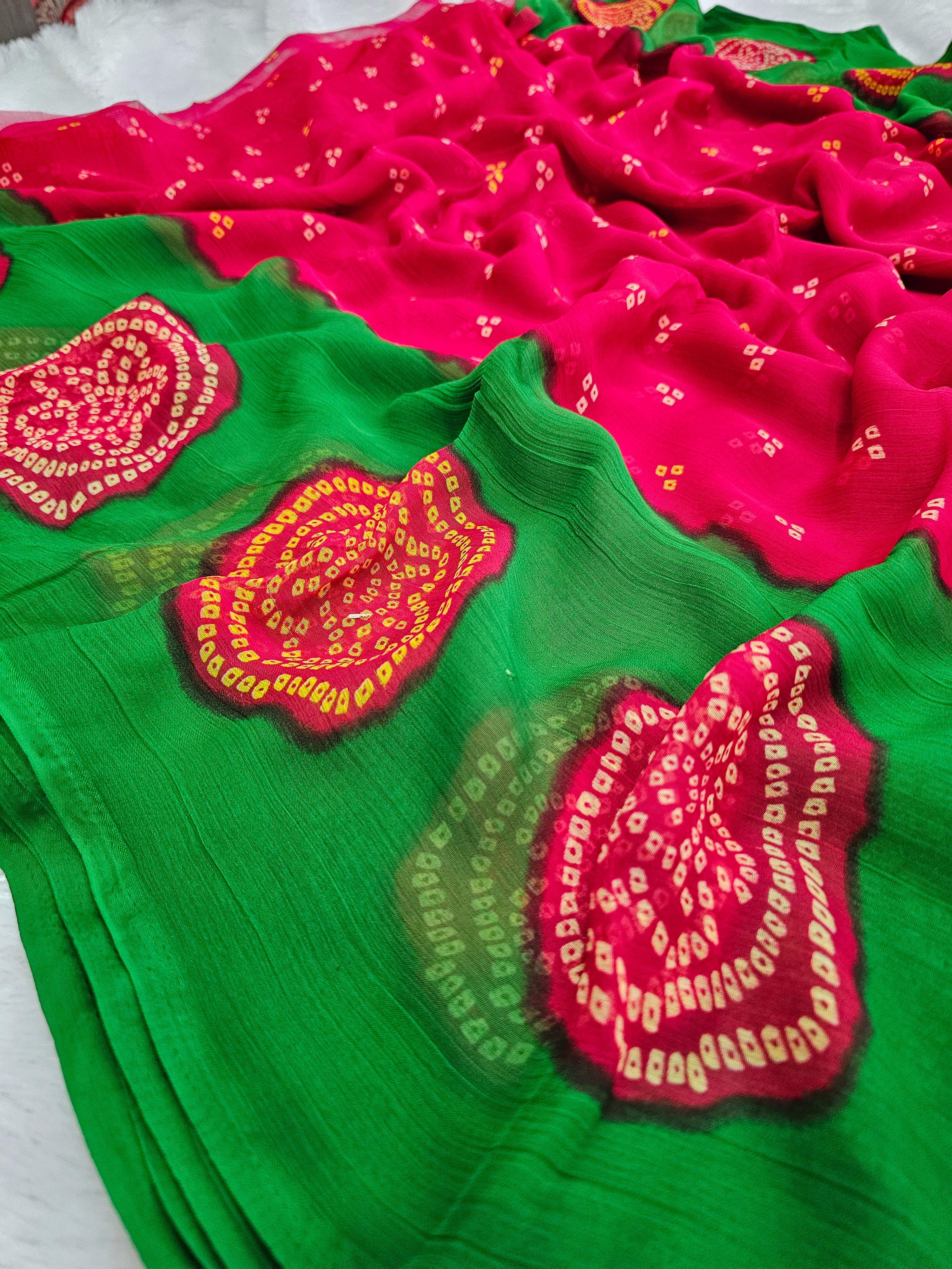 751003 Chitra Special Rajwadi Bandhani Chiffon Saree - Rani