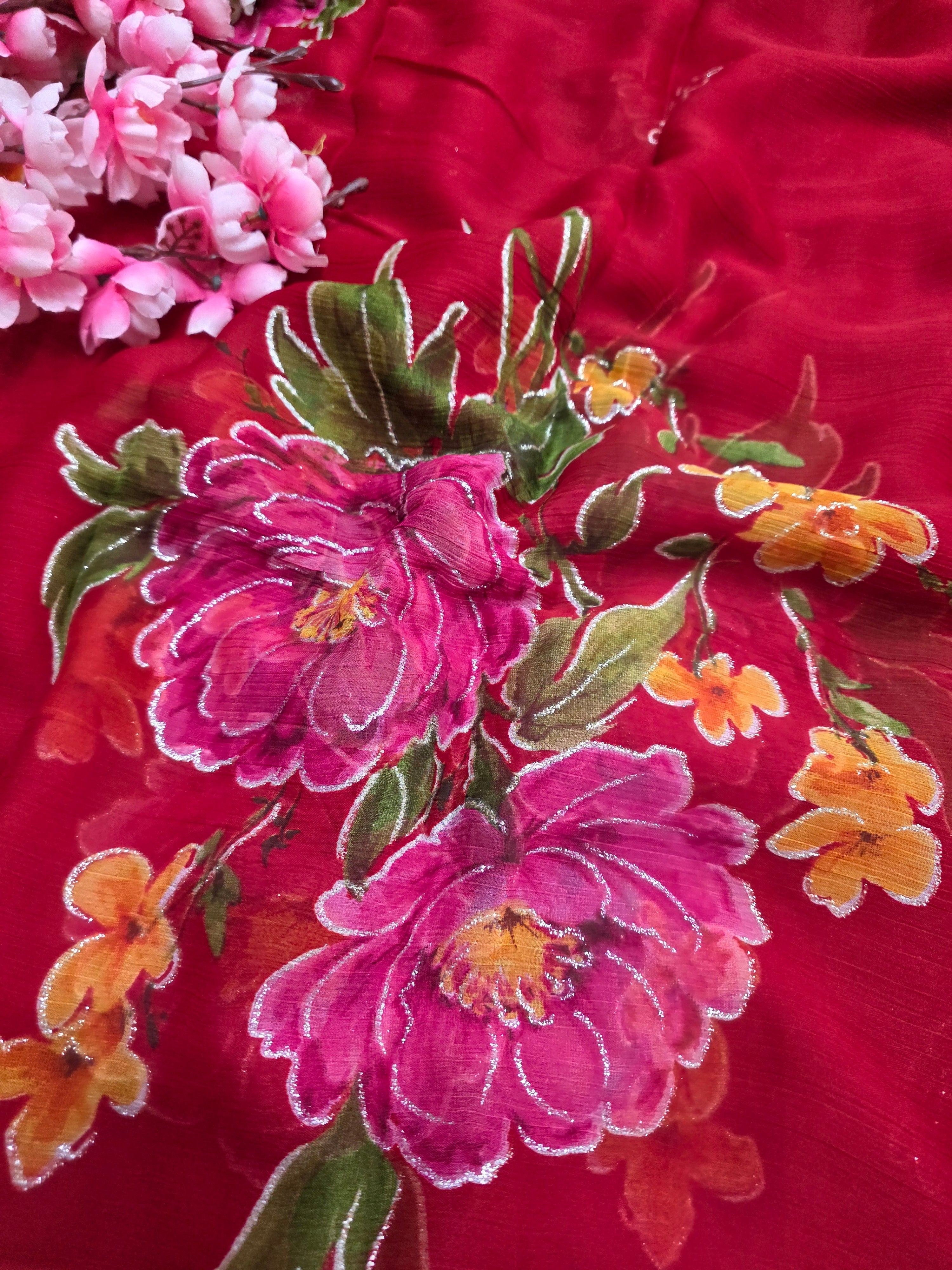 991002 Lightweight Elegant Semi Chiffon Flower Print Saree with Zari Print - Red