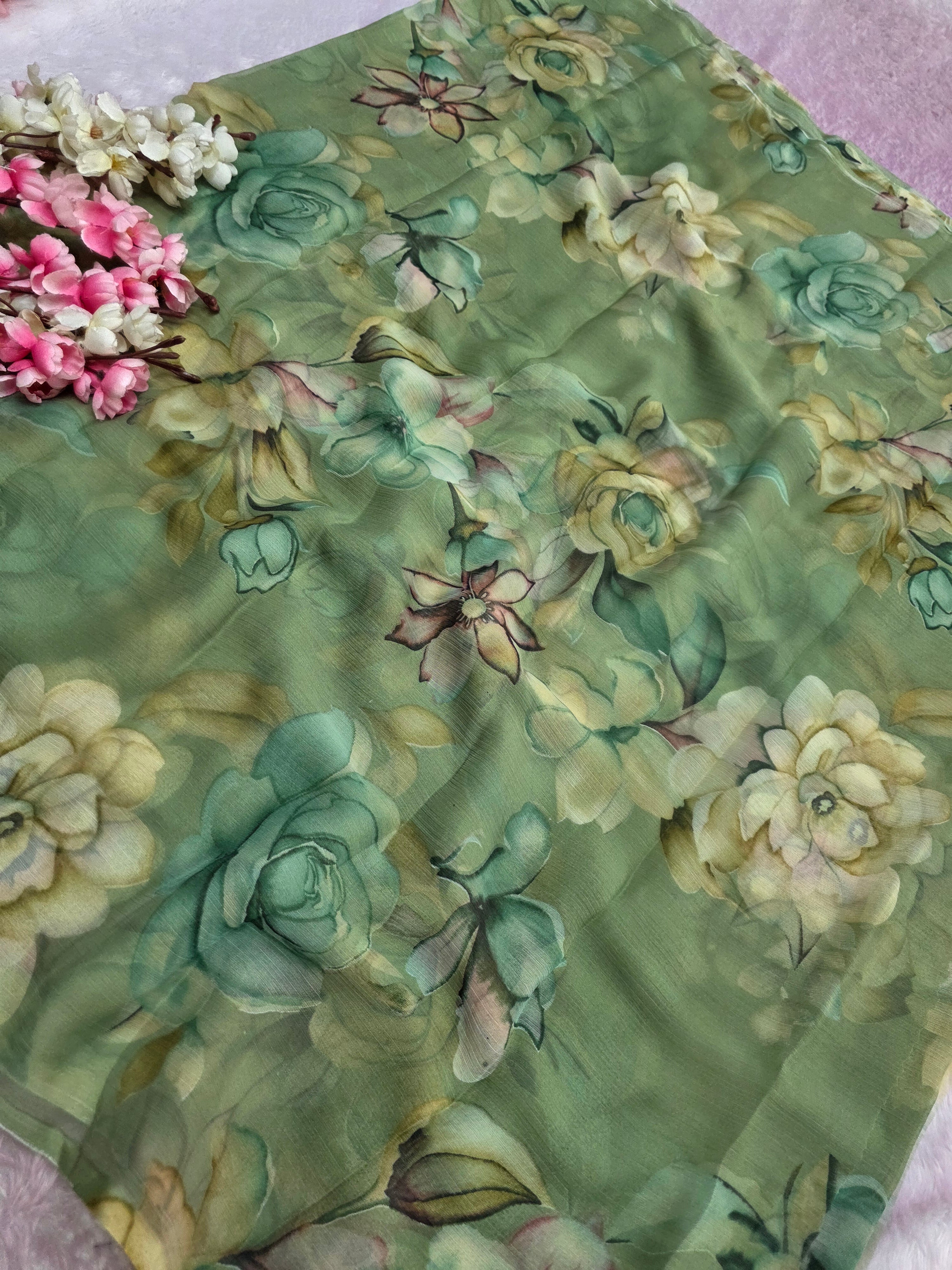 103901 Lightweight Elegant Semi Chiffon Flower Print Saree - Green