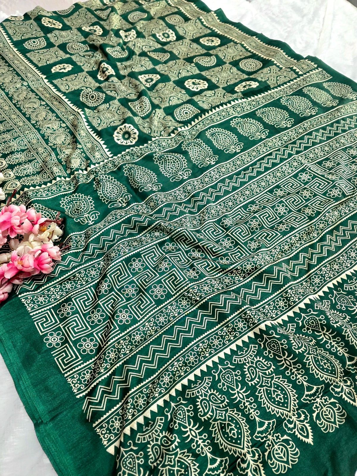 DS287 Semi Dola Silk Block Print Saree - Green