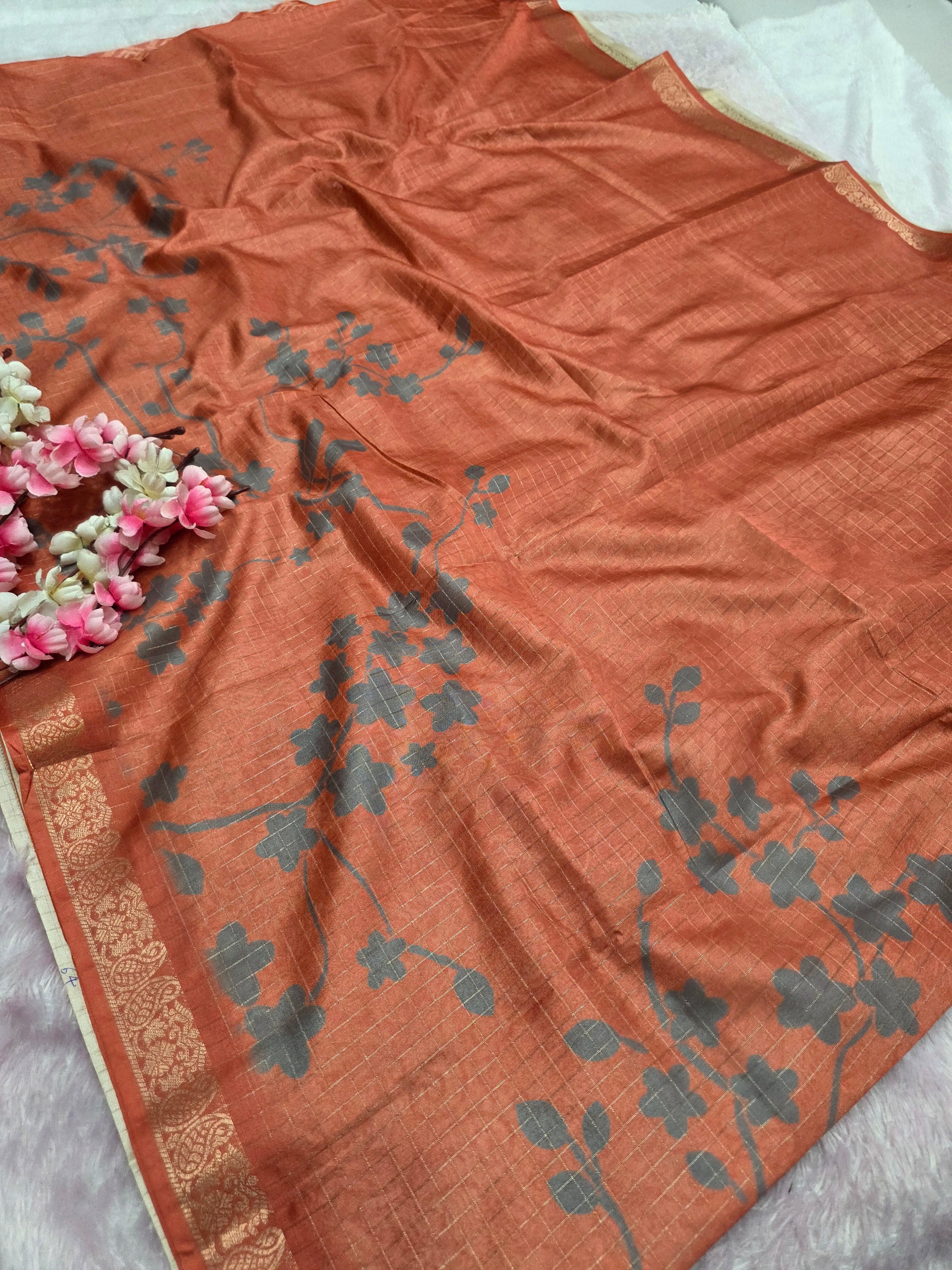 102402 Exclusive Soft Viscose Silk Printed Saree with Zari Weaving Checks - Orange