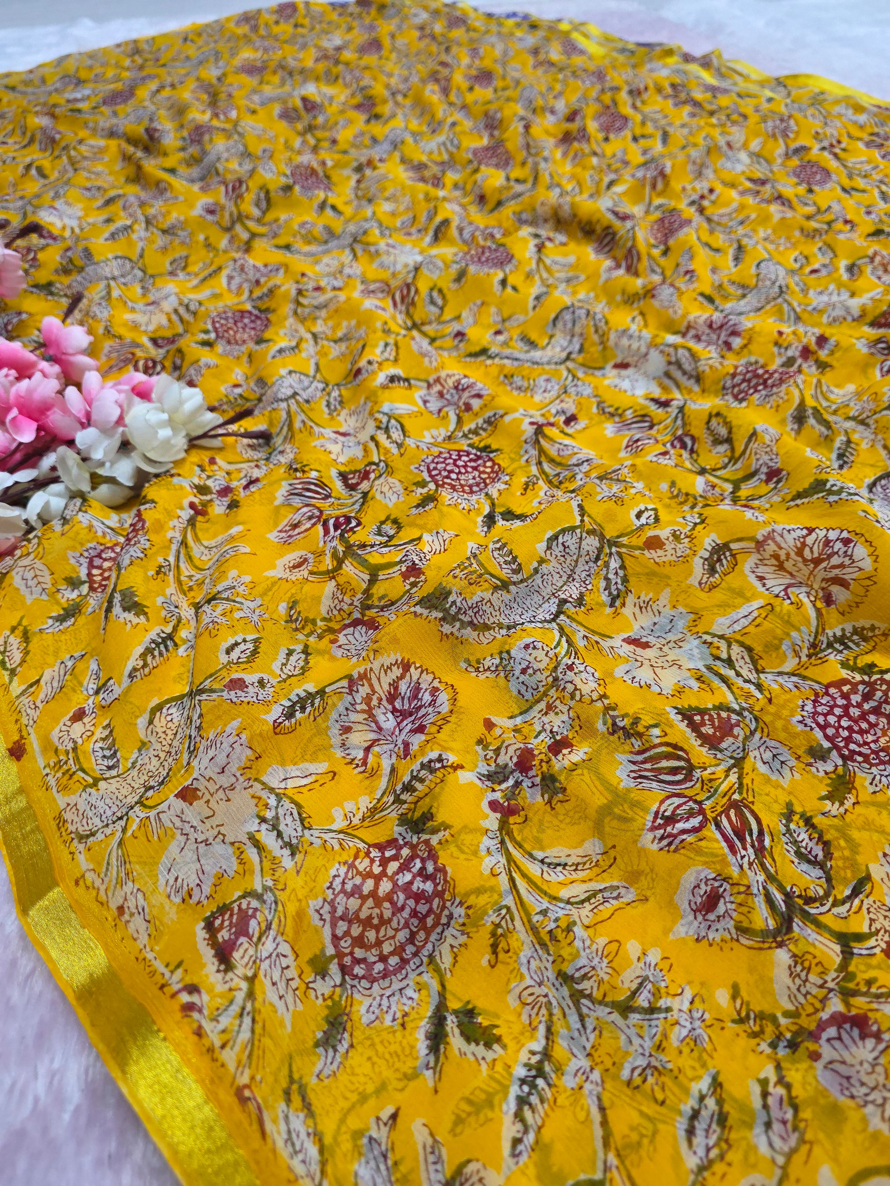CA1449 Pure Rajasthani Diamond Chiffon Saree with Hand Print yellow flower saree