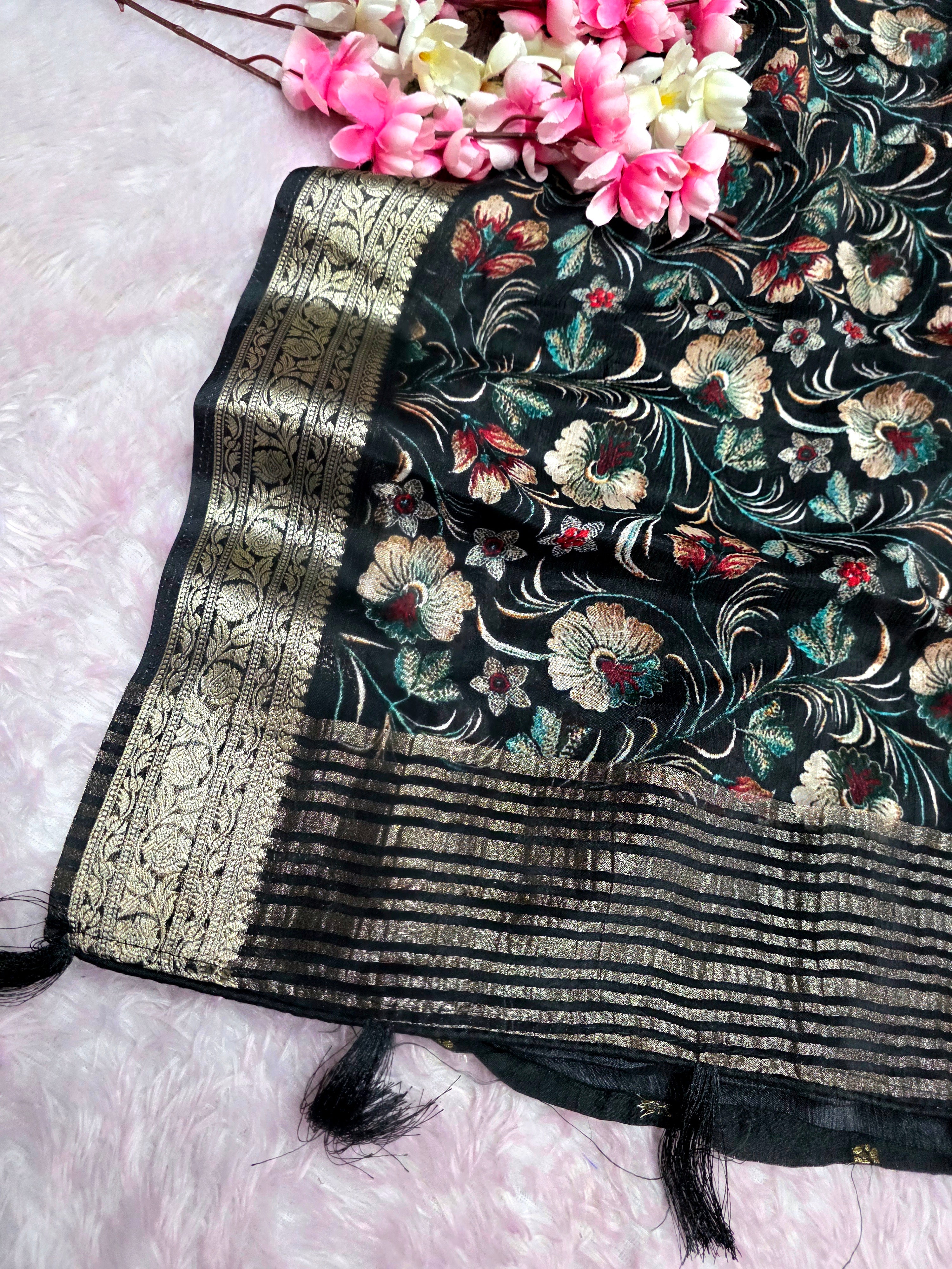 CA0706 Chinon Silk Traditional Print Black saree