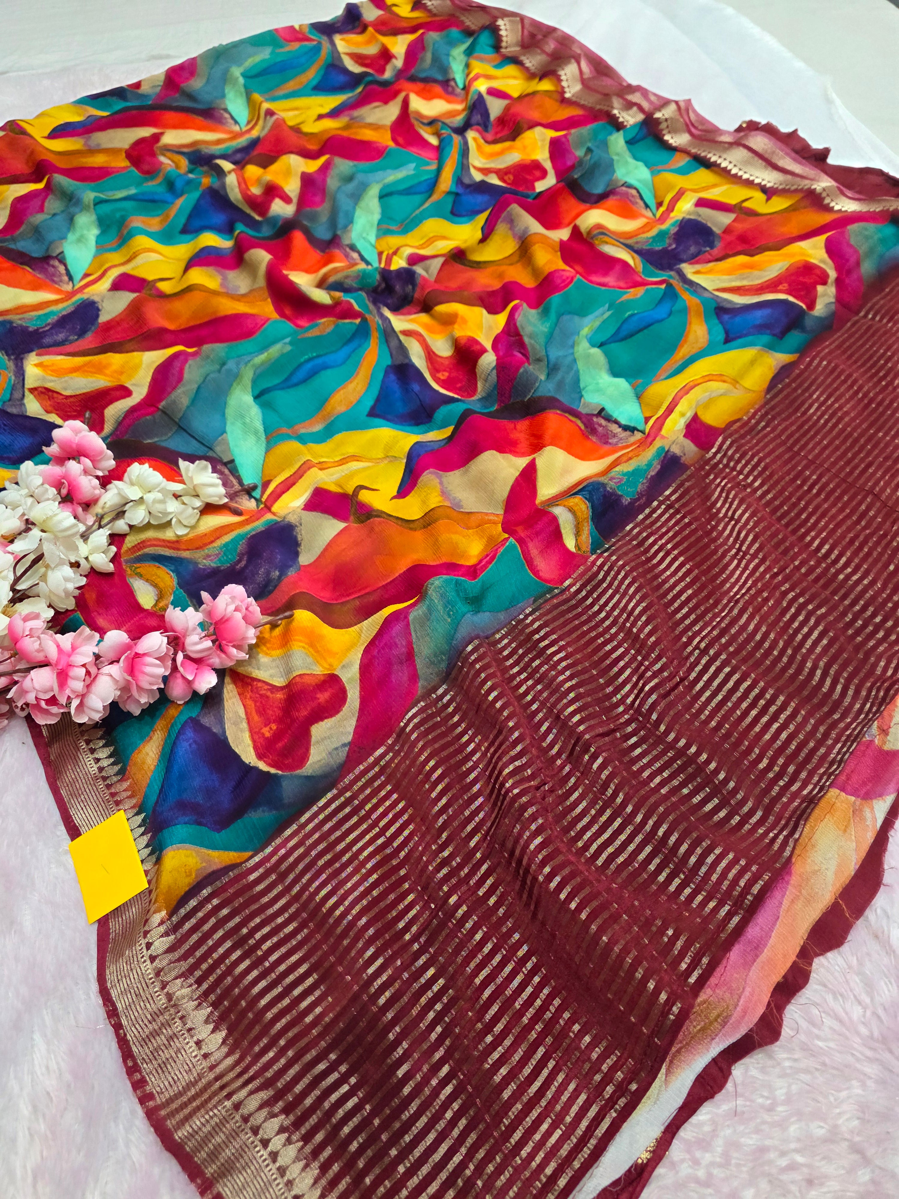CA0716 Chitra Special Pure Chinon Silk Printed Saree Wine