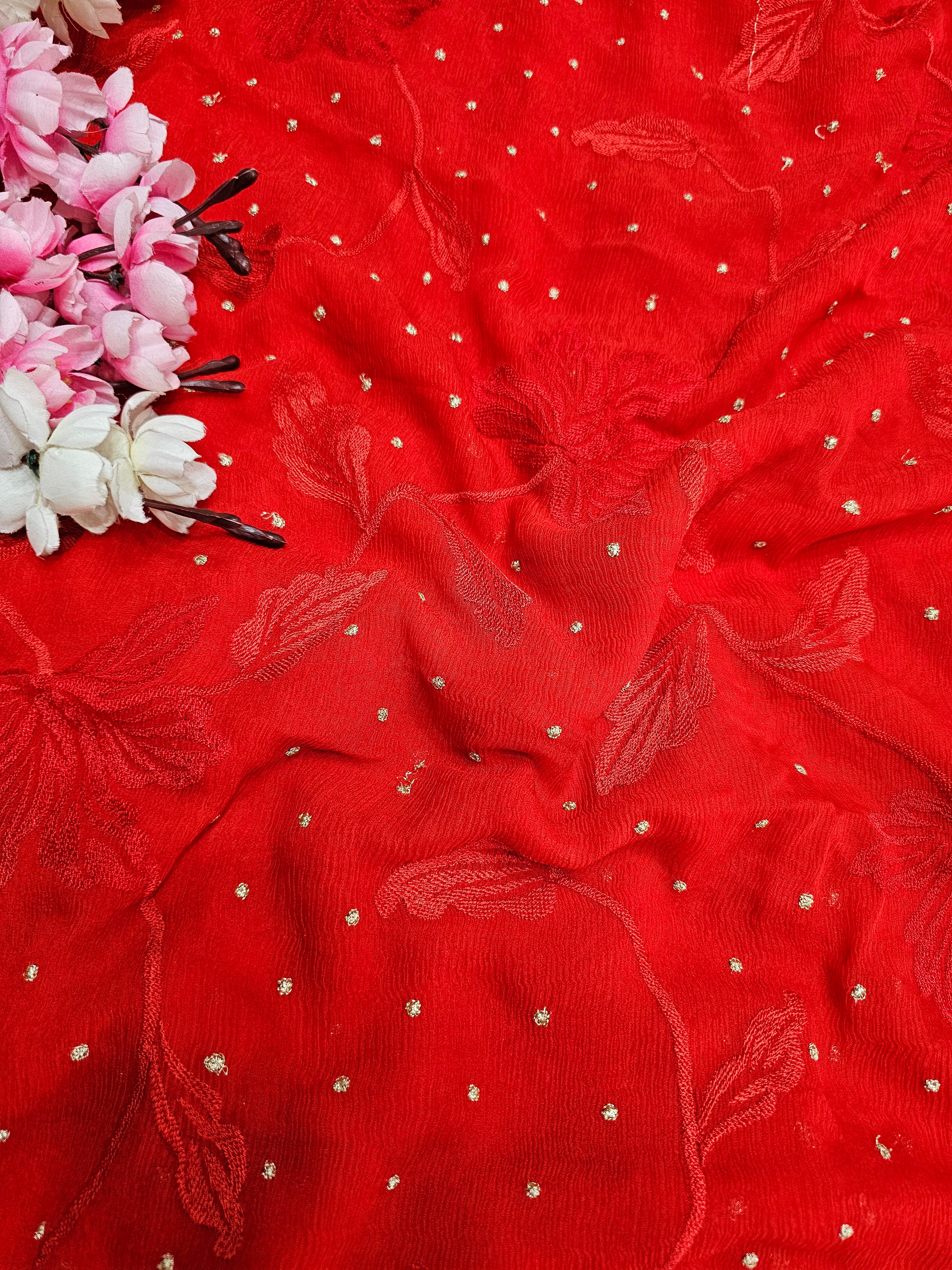 2355 Pure Original Chiffon Red Saree with Embroidery And Hand Suta Work Saree