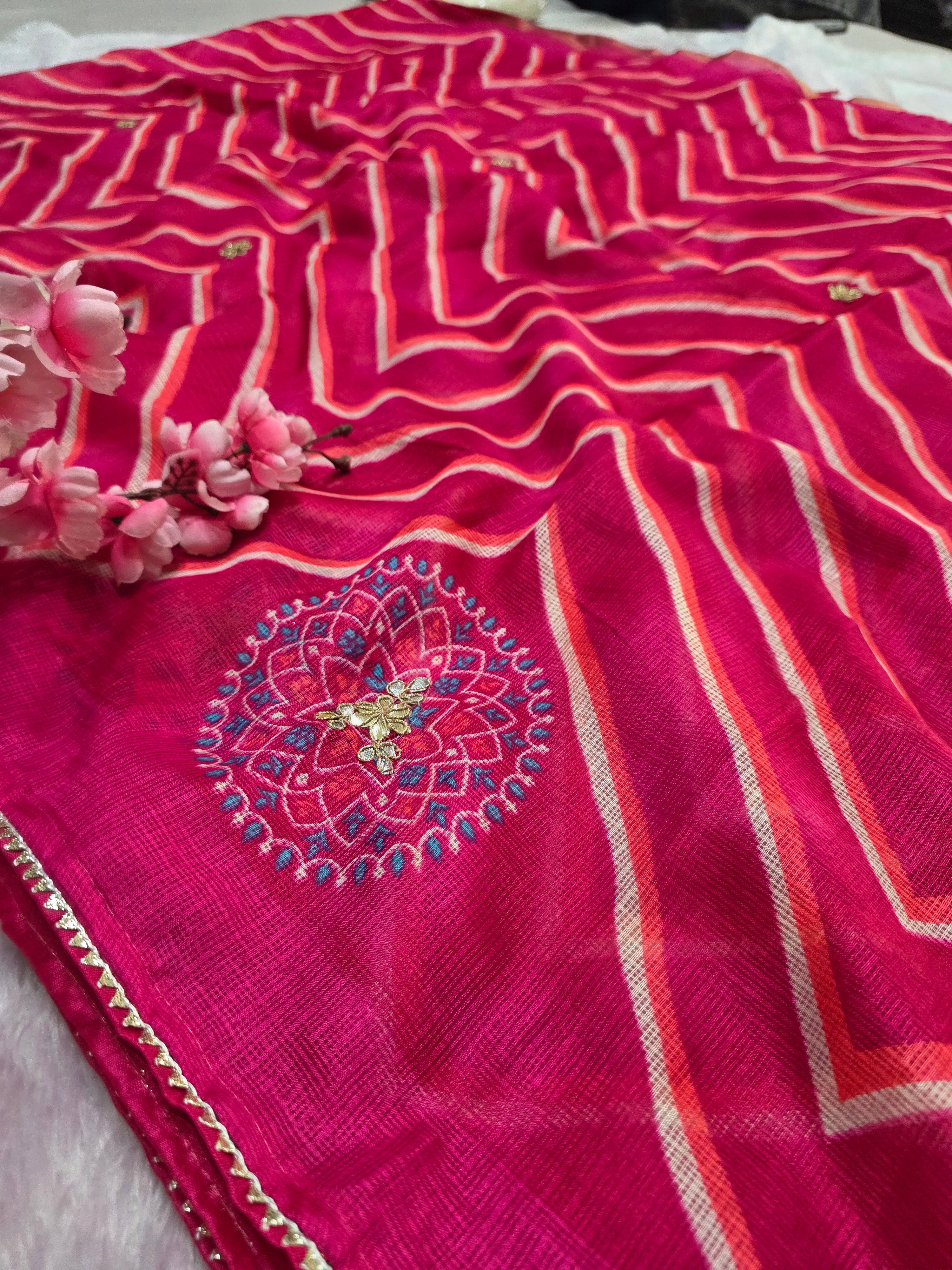 CA0752 Rajasthani Kota Doria Silk Lehariya Saree with Gota Patti Work - Rani