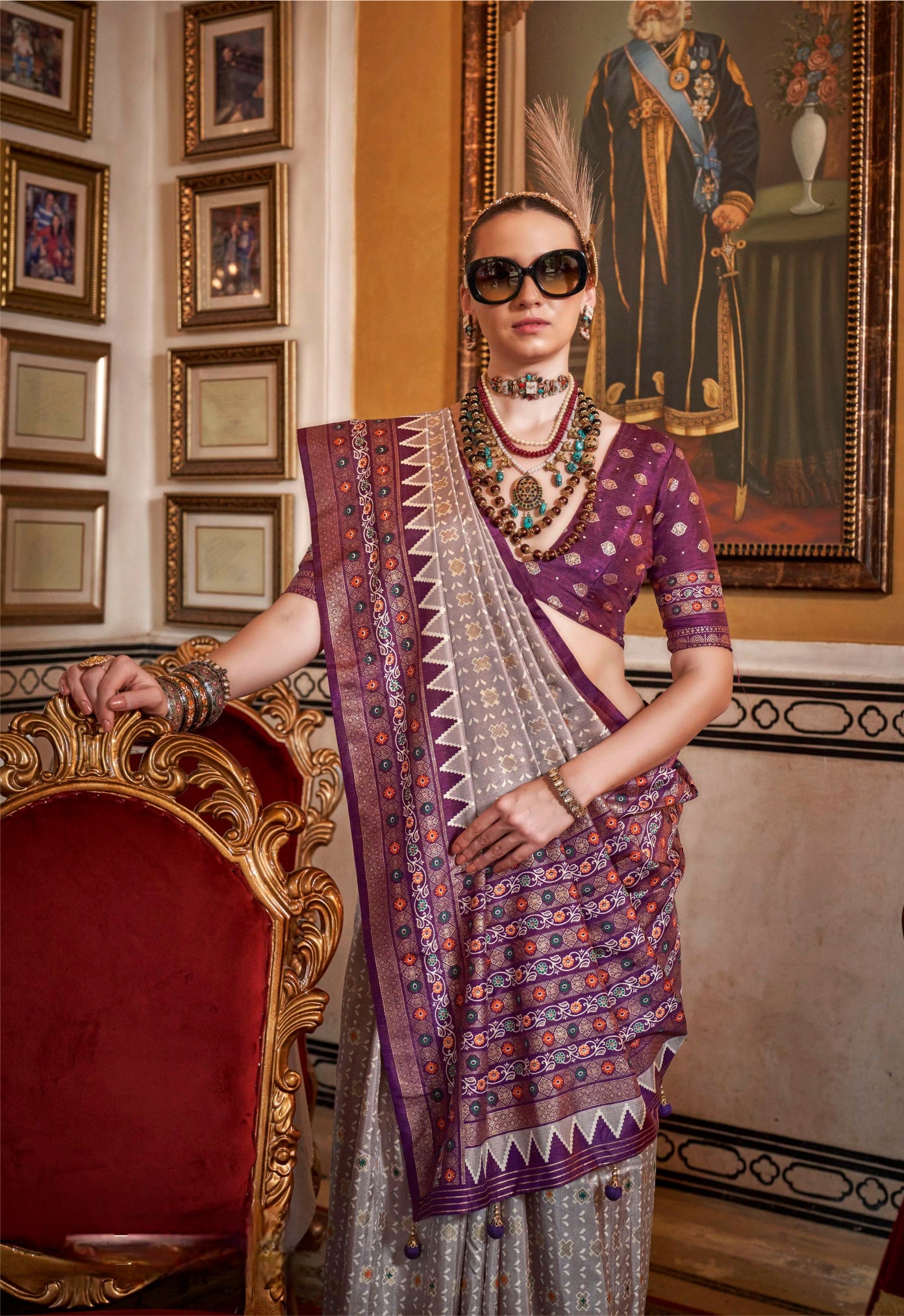 100705 Premium Patola Print Silk Saree With Gold Print - Wine Gray