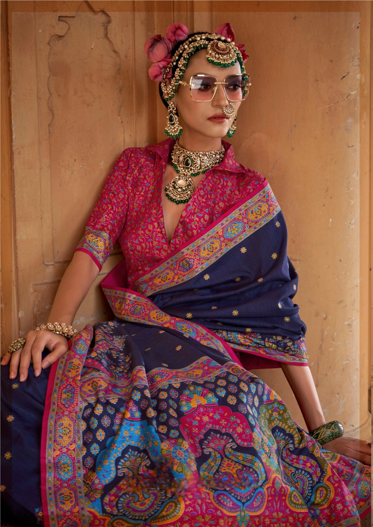 999002 Premium Kashmiri Print Silk Blue Gray Saree With Gold Print