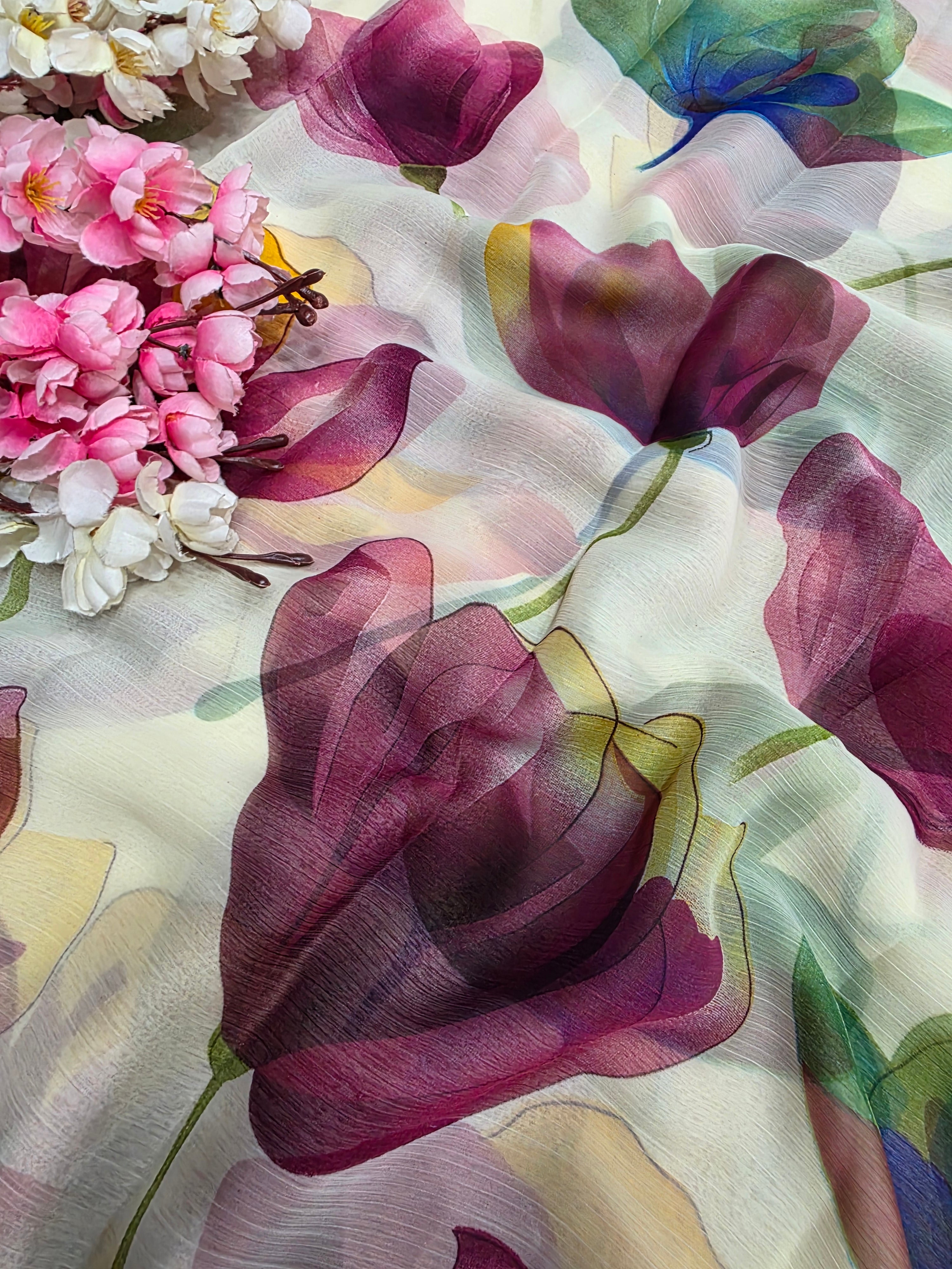 103905 Lightweight Elegant Semi Chiffon Flower Print Saree - Wine
