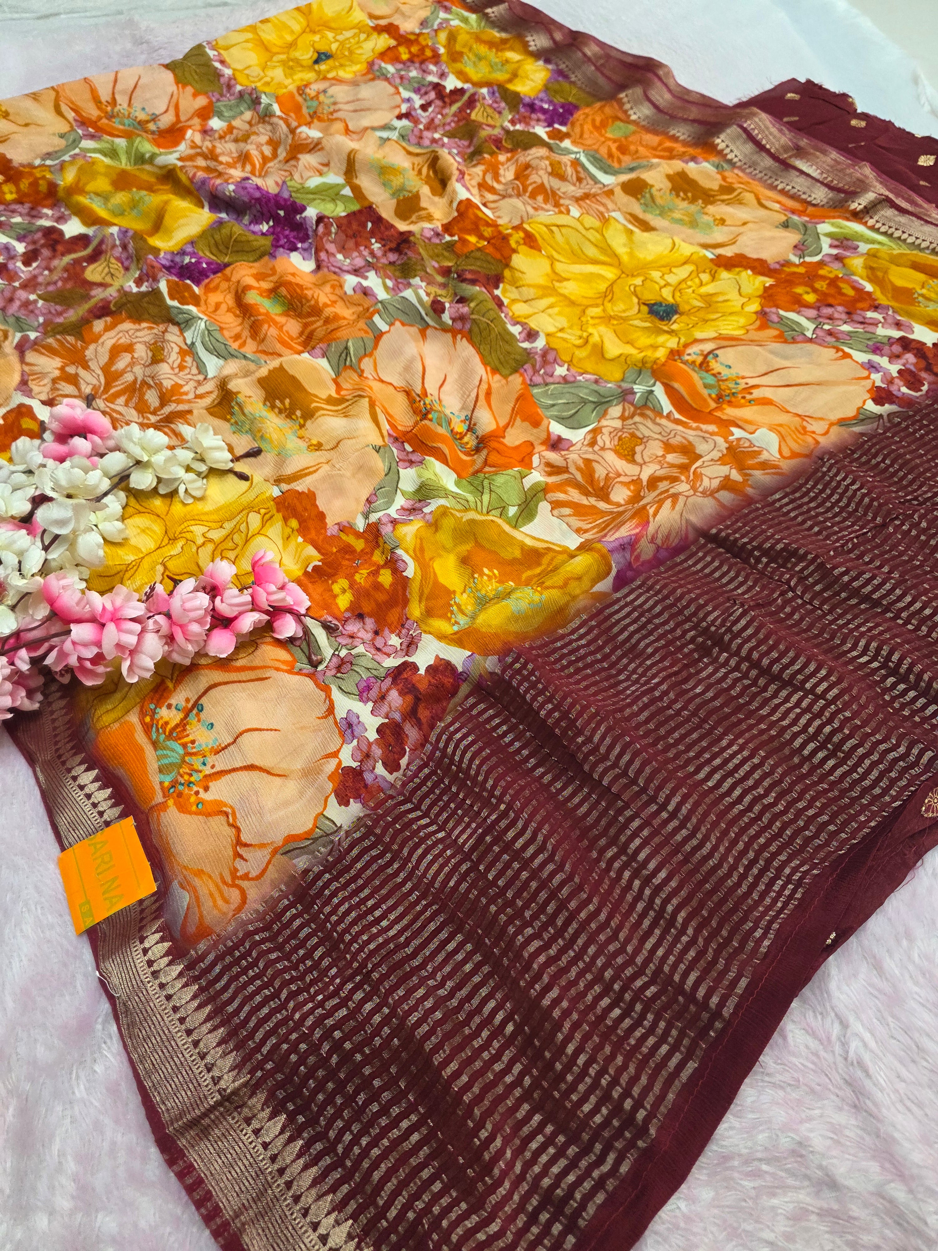 CA0720 Chitra Special Pure Chinon Silk Printed Saree Peach