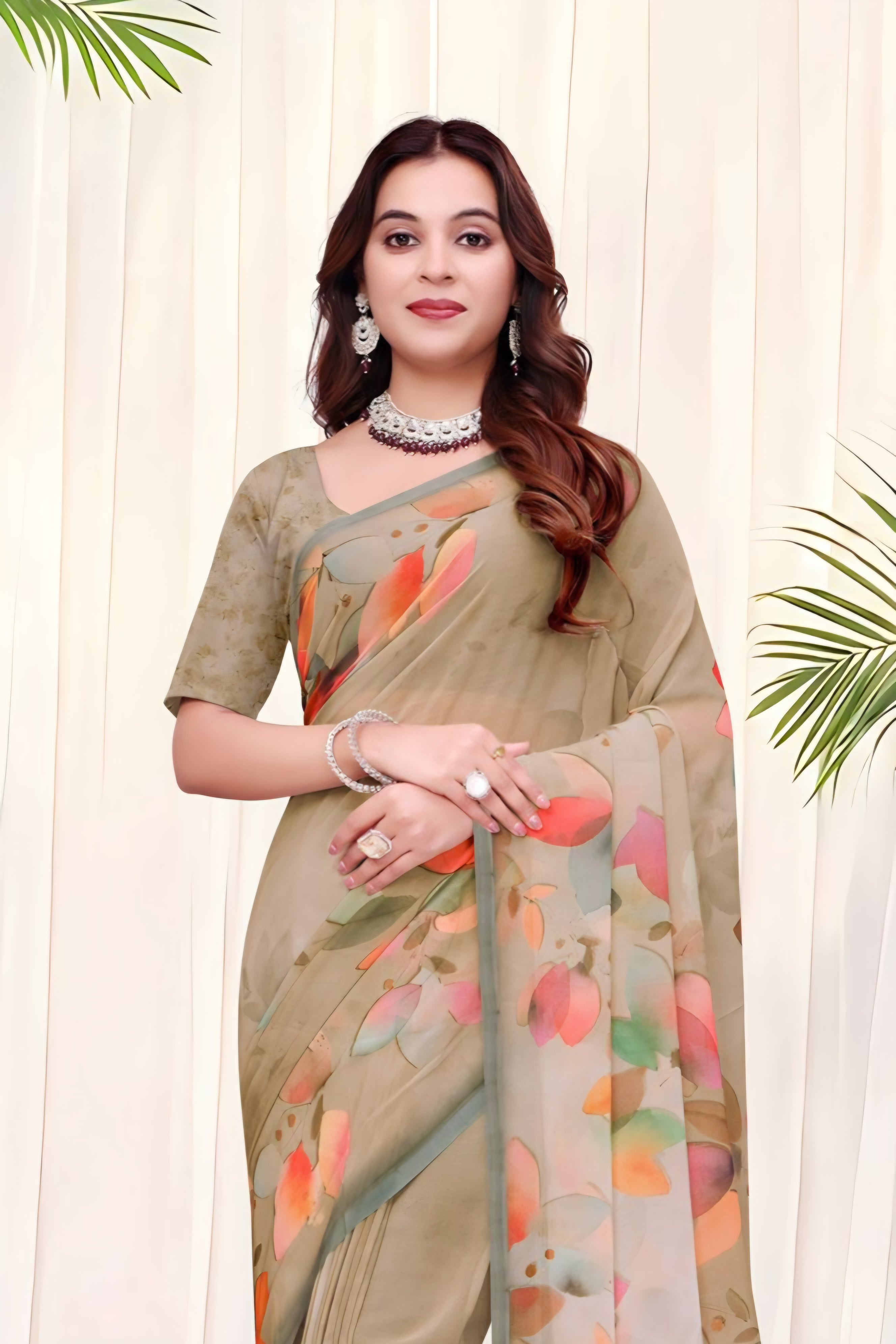 695012 डिजिटल फ्लावर प्रिंट जॉर्जेट क्रेप साड़ी