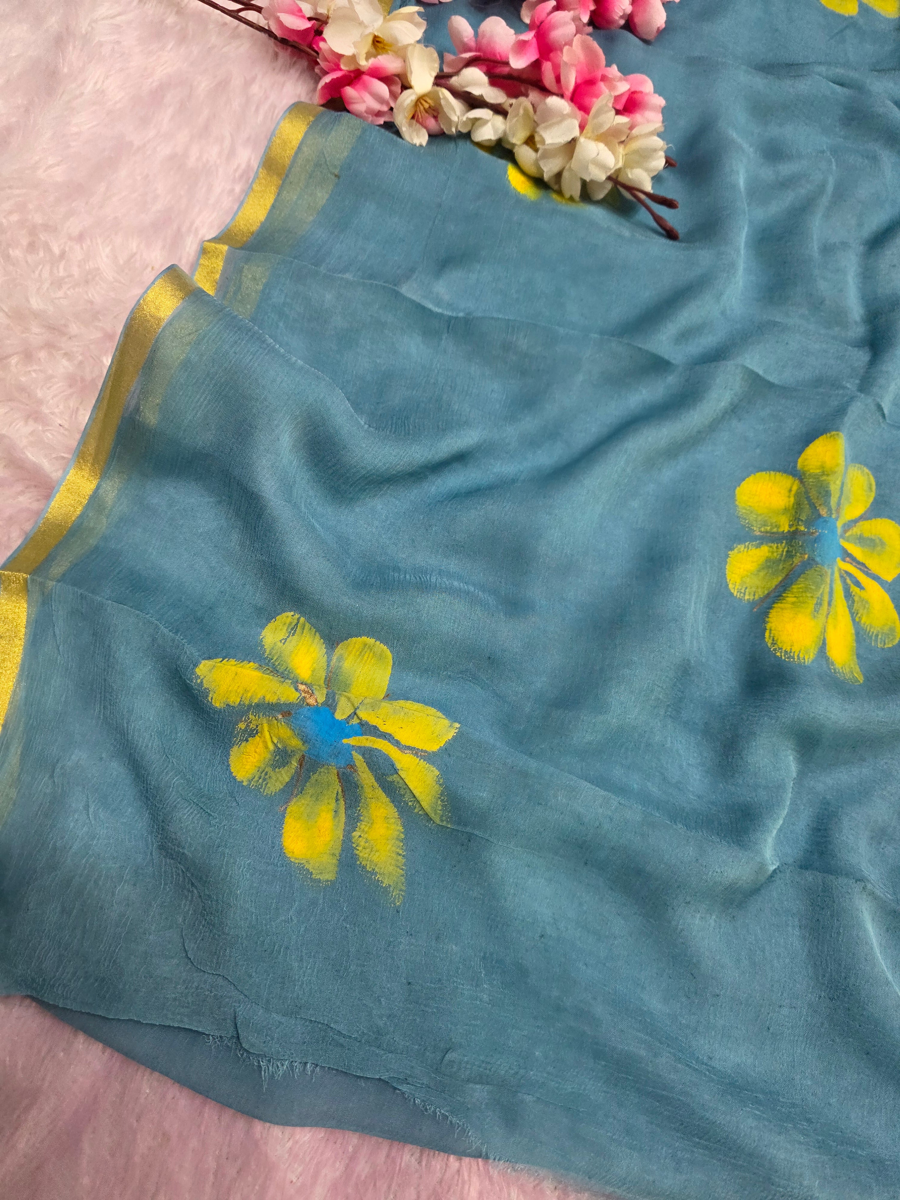 CA1446 Pure Rajasthani Diamond Chiffon Saree with Hand Print teal flower saree