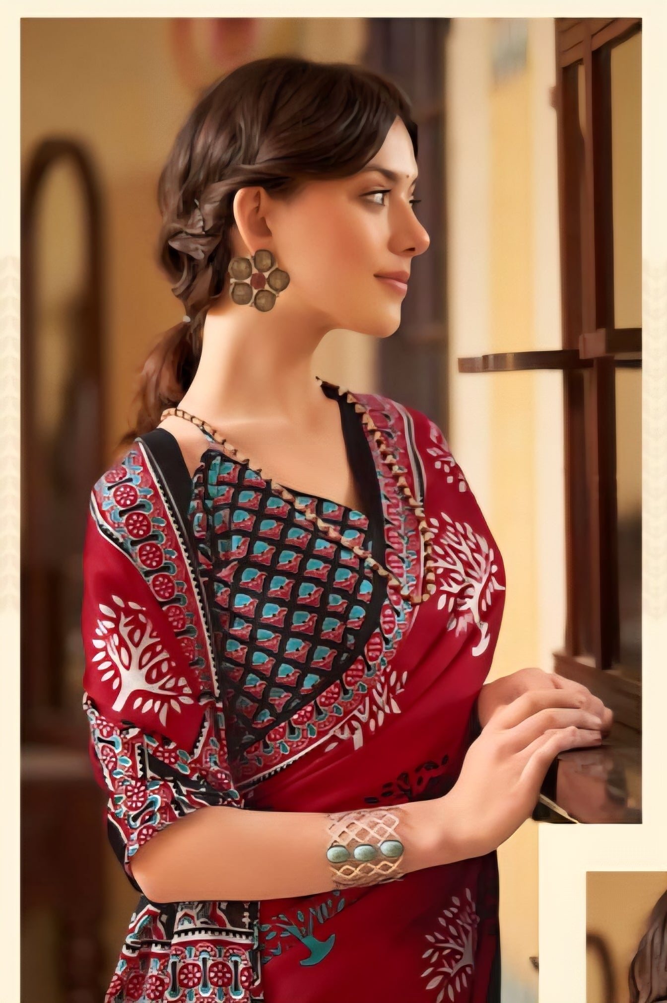 566008 Traditional Ajrakh Print Semi Modal Silk Sareee - Red