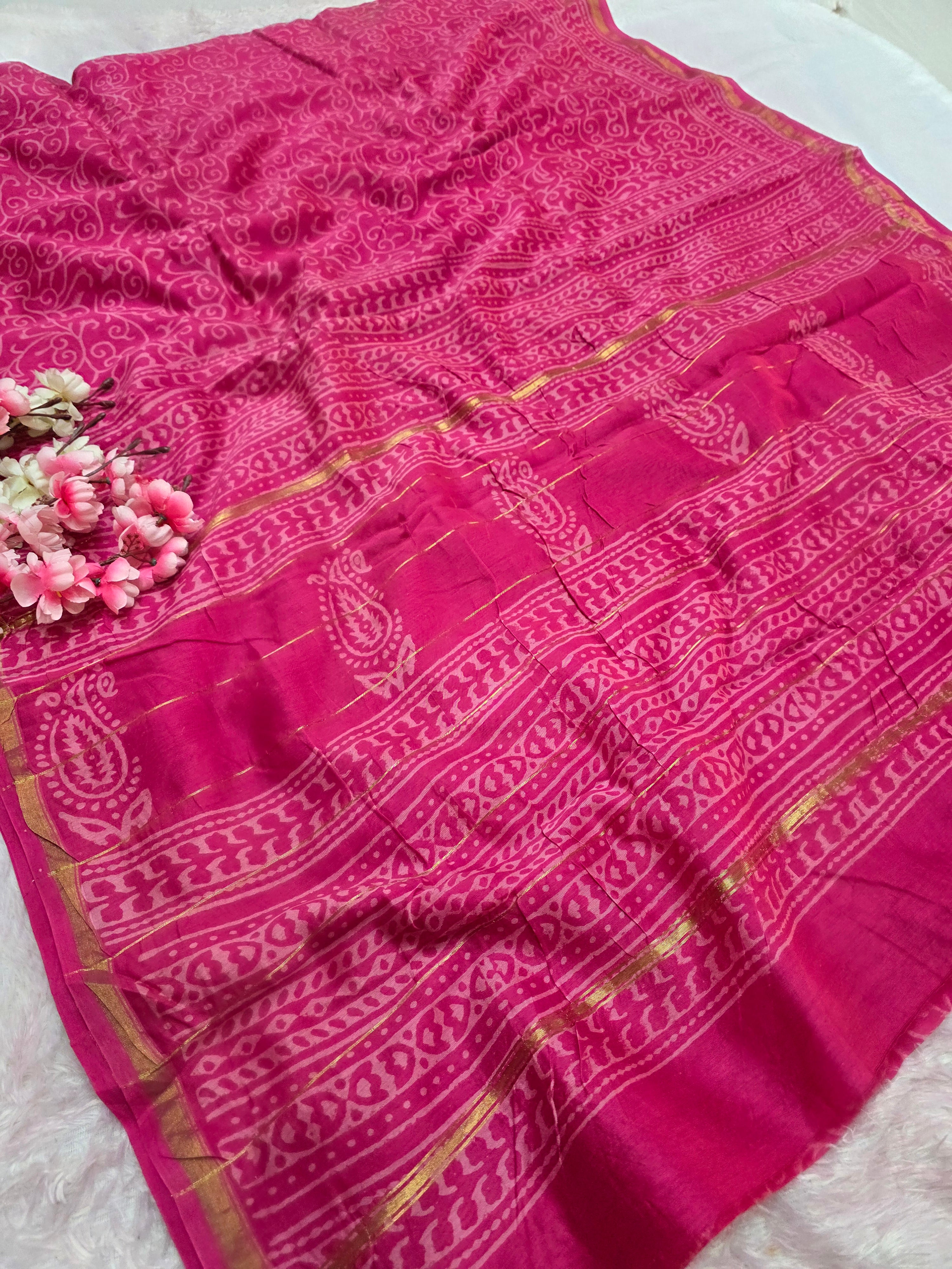 100401 Pure Chanderi Cotton Silk Handblocked Printed Natural Dye Saree