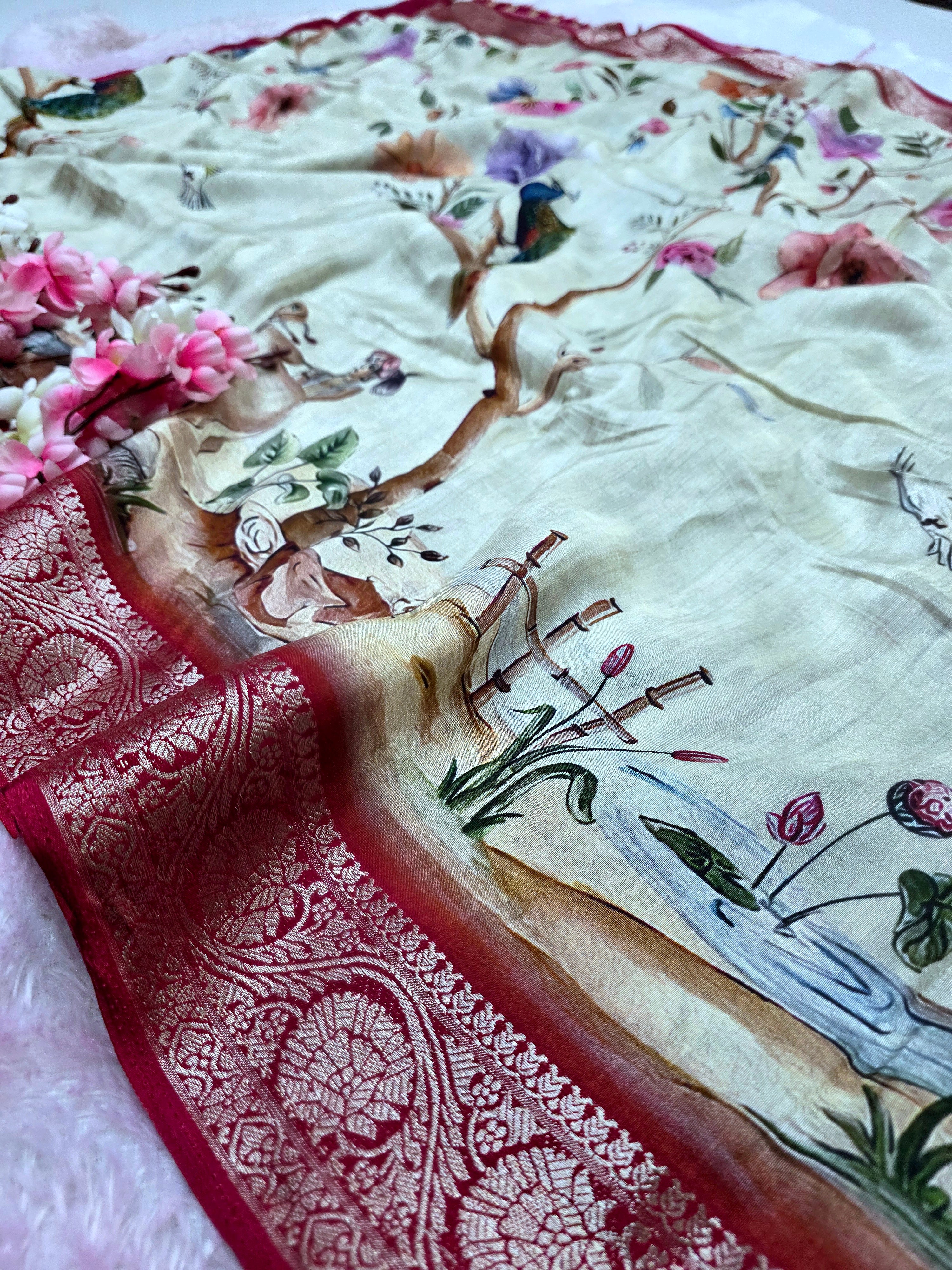 102303 Beautiful Pure Maslin Silk Traditional Print Saree with Zari Weaving Border and beautiful Brocket Blouse