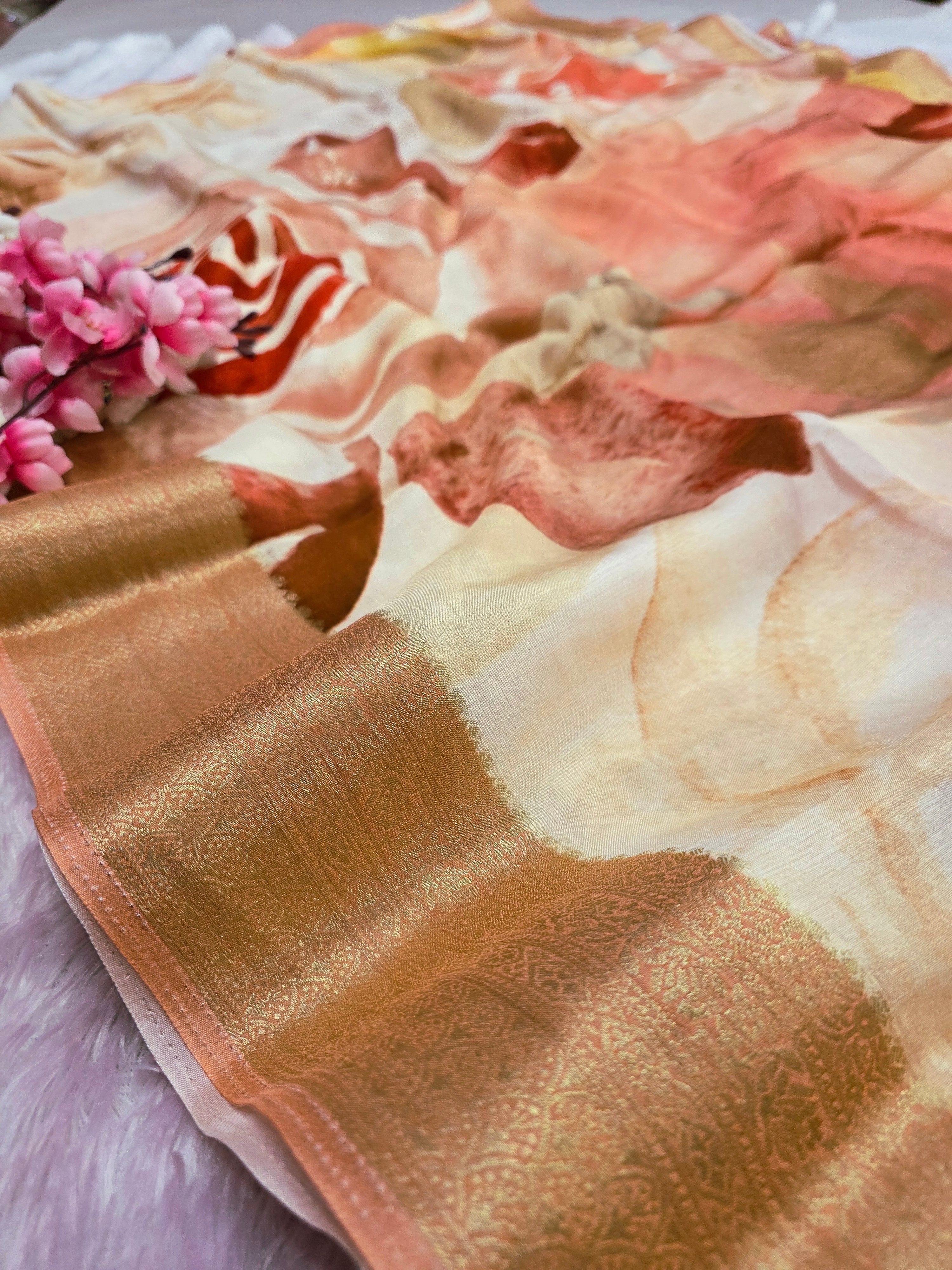 101209 Exclusive Pure Maslin Silk Traditional Hand Print Saree with Zari Weaving Border
