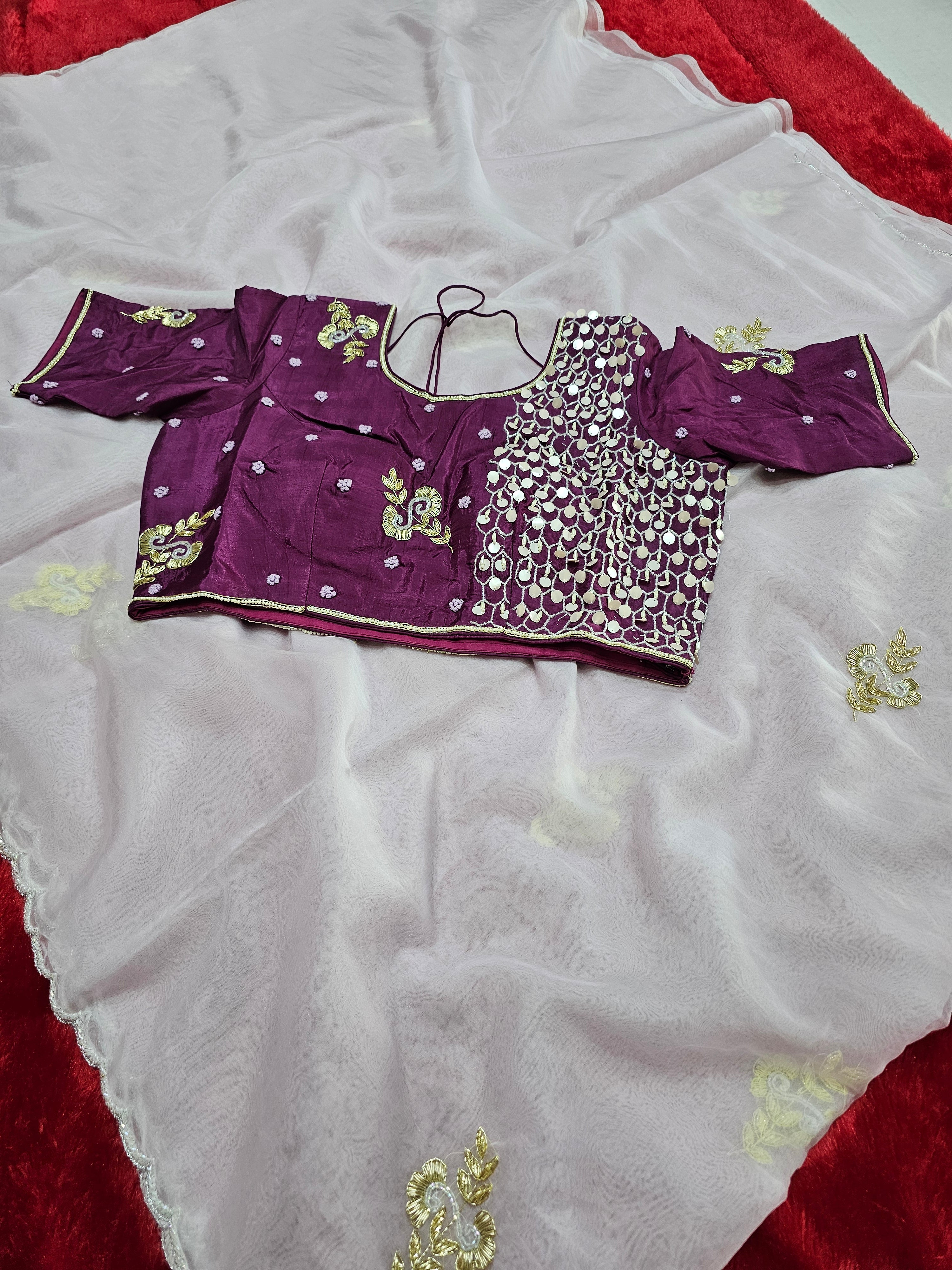 145002 डिज़ाइनर ऑर्गेना साड़ी ज़रदोजी वर्क विद स्टिच ब्लाउज