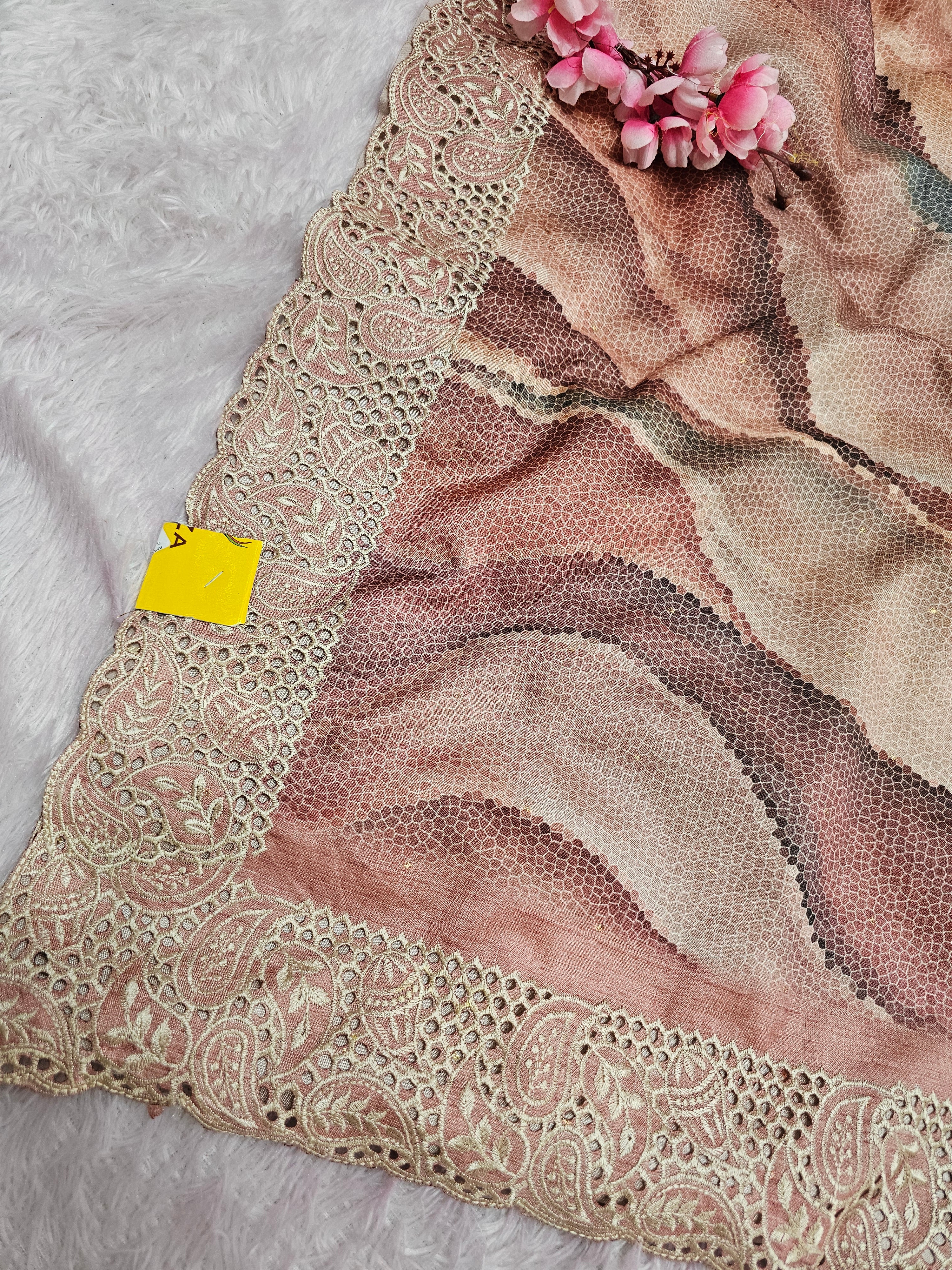 102003 Chitra Special Dola Viscose Silk Designer Print Saree with Chifley Work - Peach