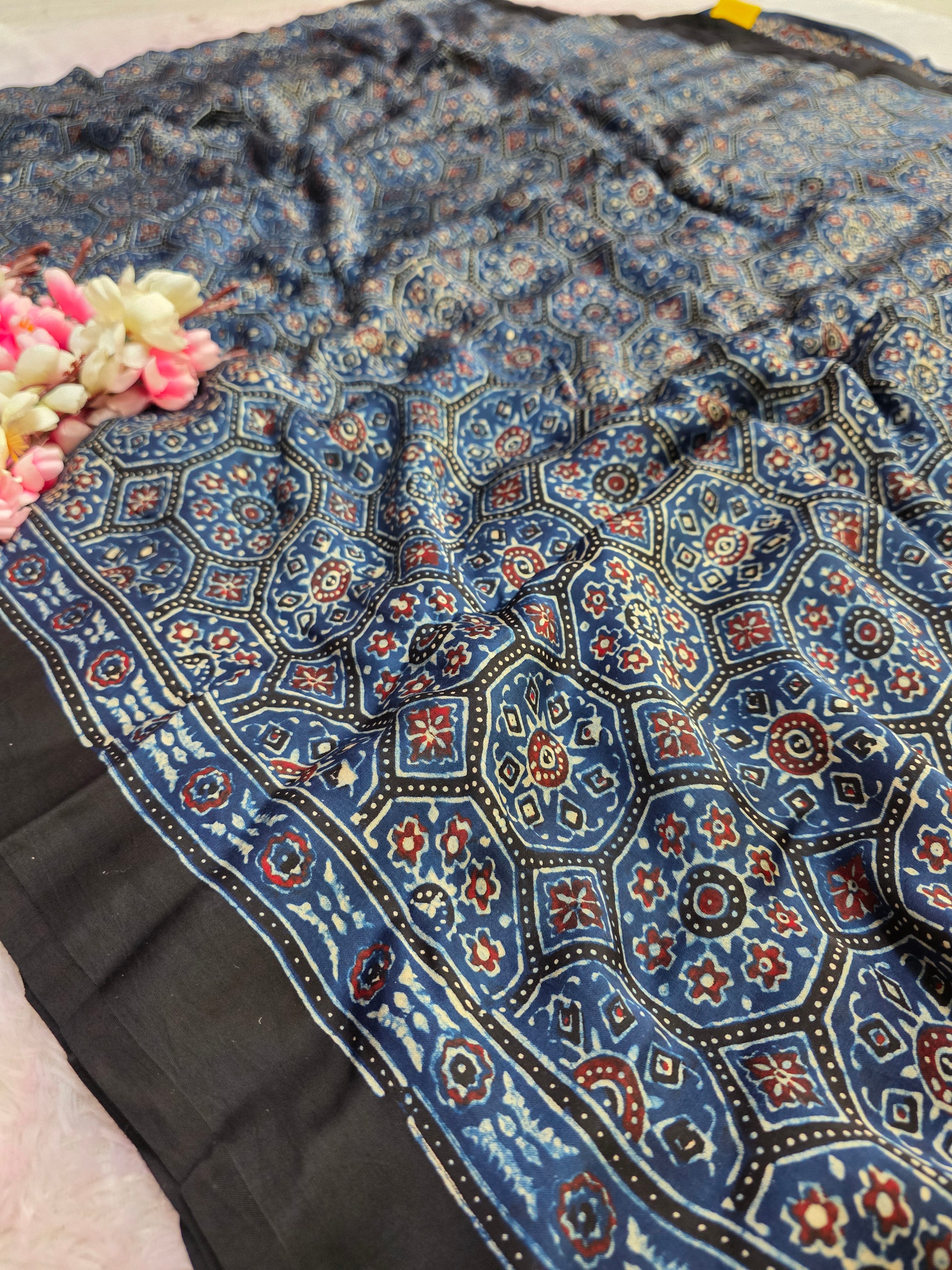 CA0738 Pure Modal Silk Ajrakh Natural Dye Saree Blue