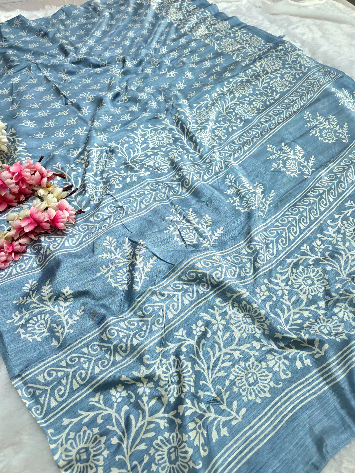 KS121 Semi Dola Silk Block Print Saree - Sky Blue