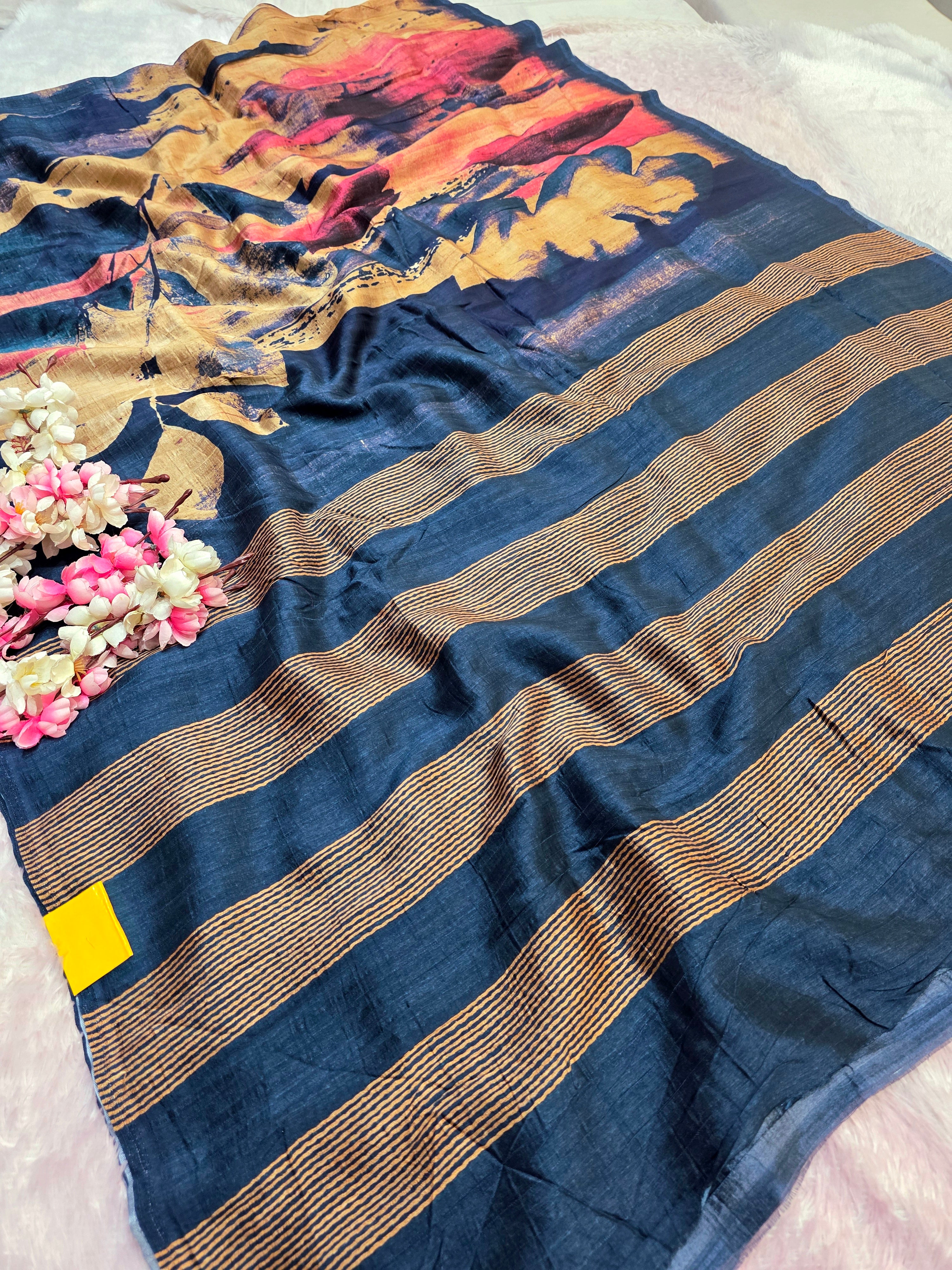 CA0739 Pure Taser Silk Designer Printed Blue Saree