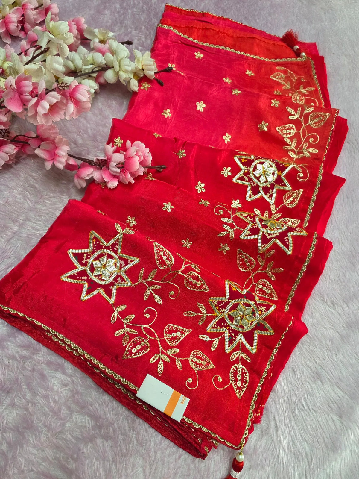 3080 Pure H.O. Silk Shaded Saree with Patola and Hand Pittan and Gota work Saree - Red