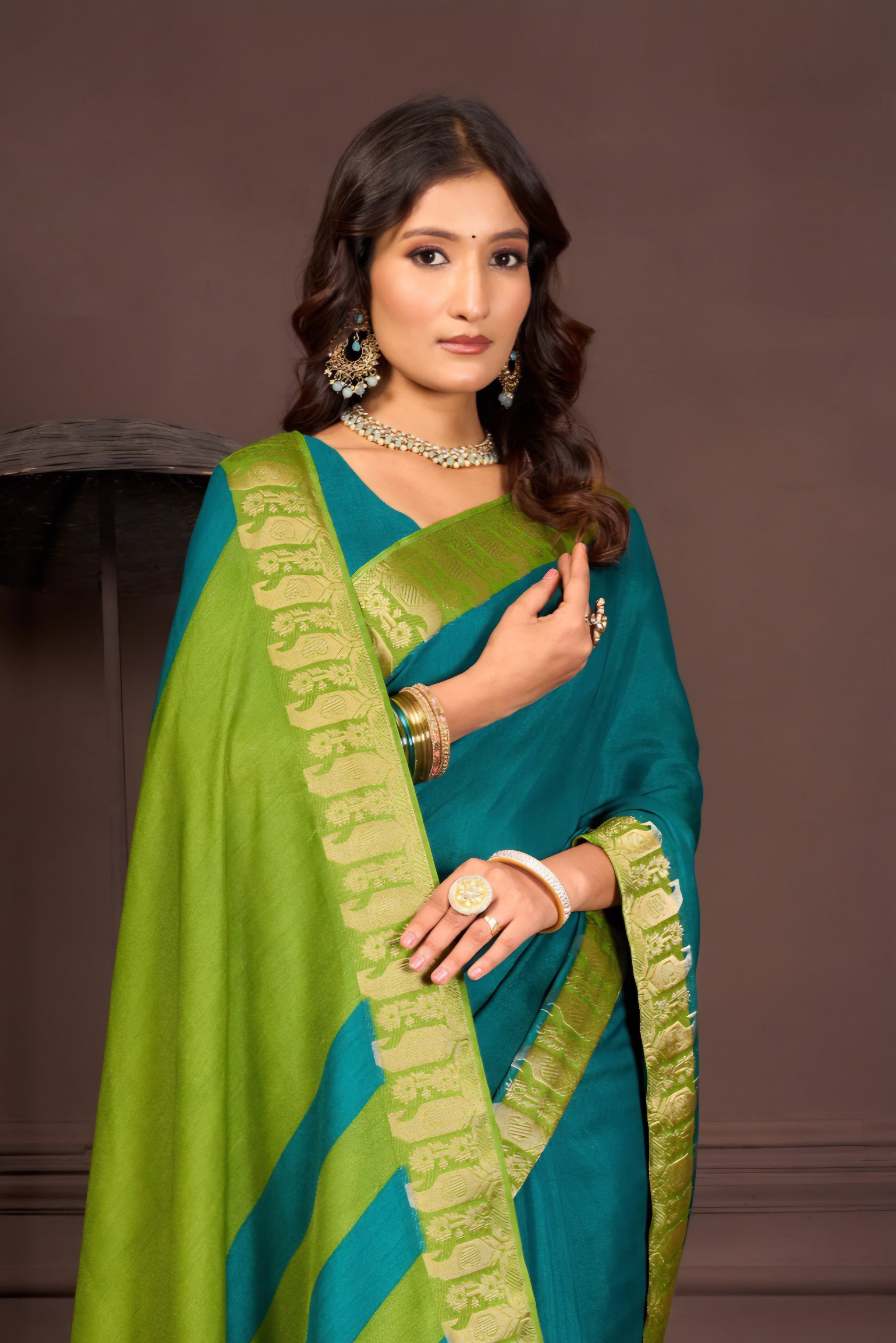 919003 Georgette Crepe Silk Soli Color with Banarasi Weaving Border Saree - Teal