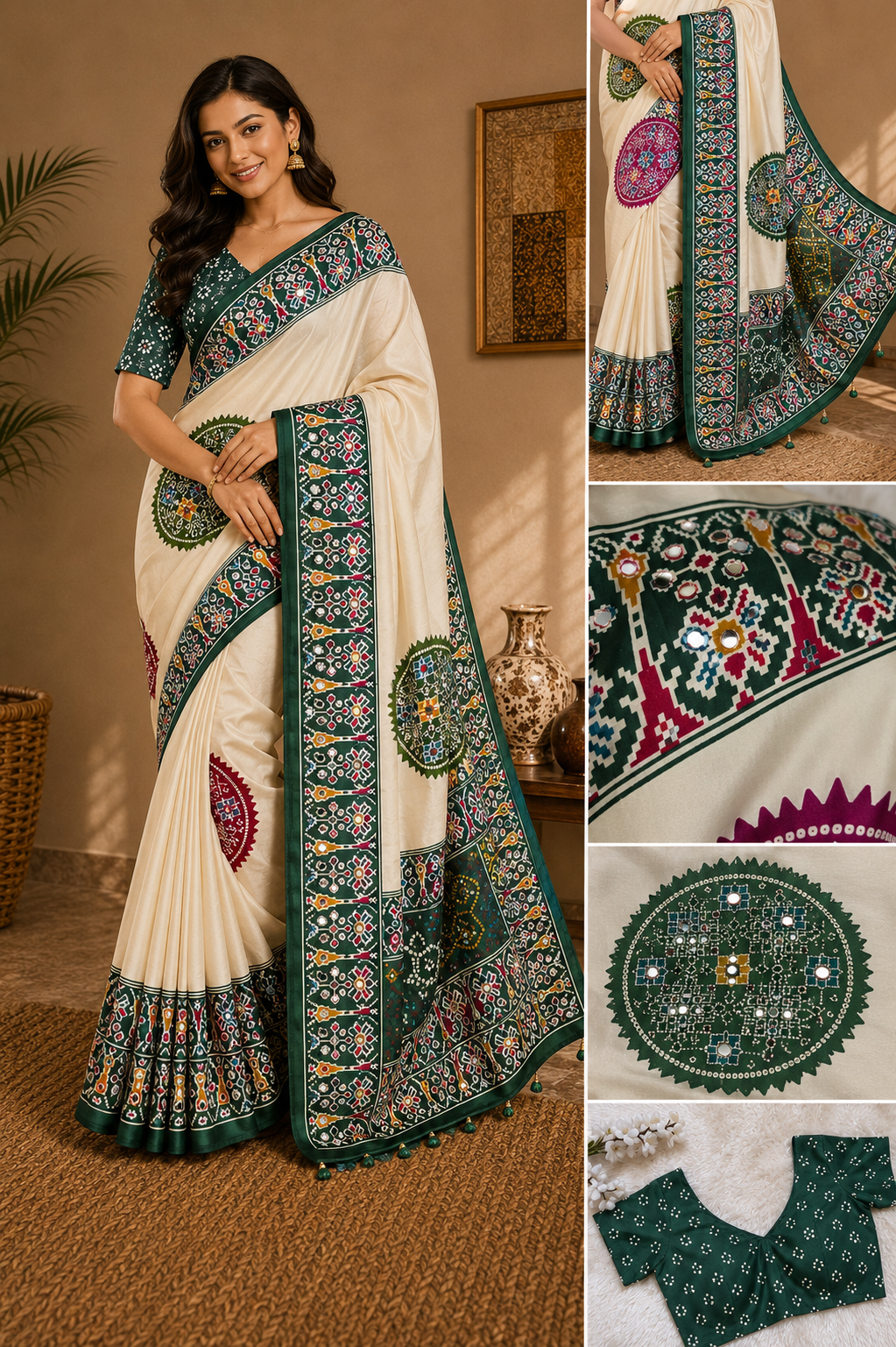 CA0768 Trending Mirror Work Ajrakh Patola Print Semi Modal Silk Saree - Green