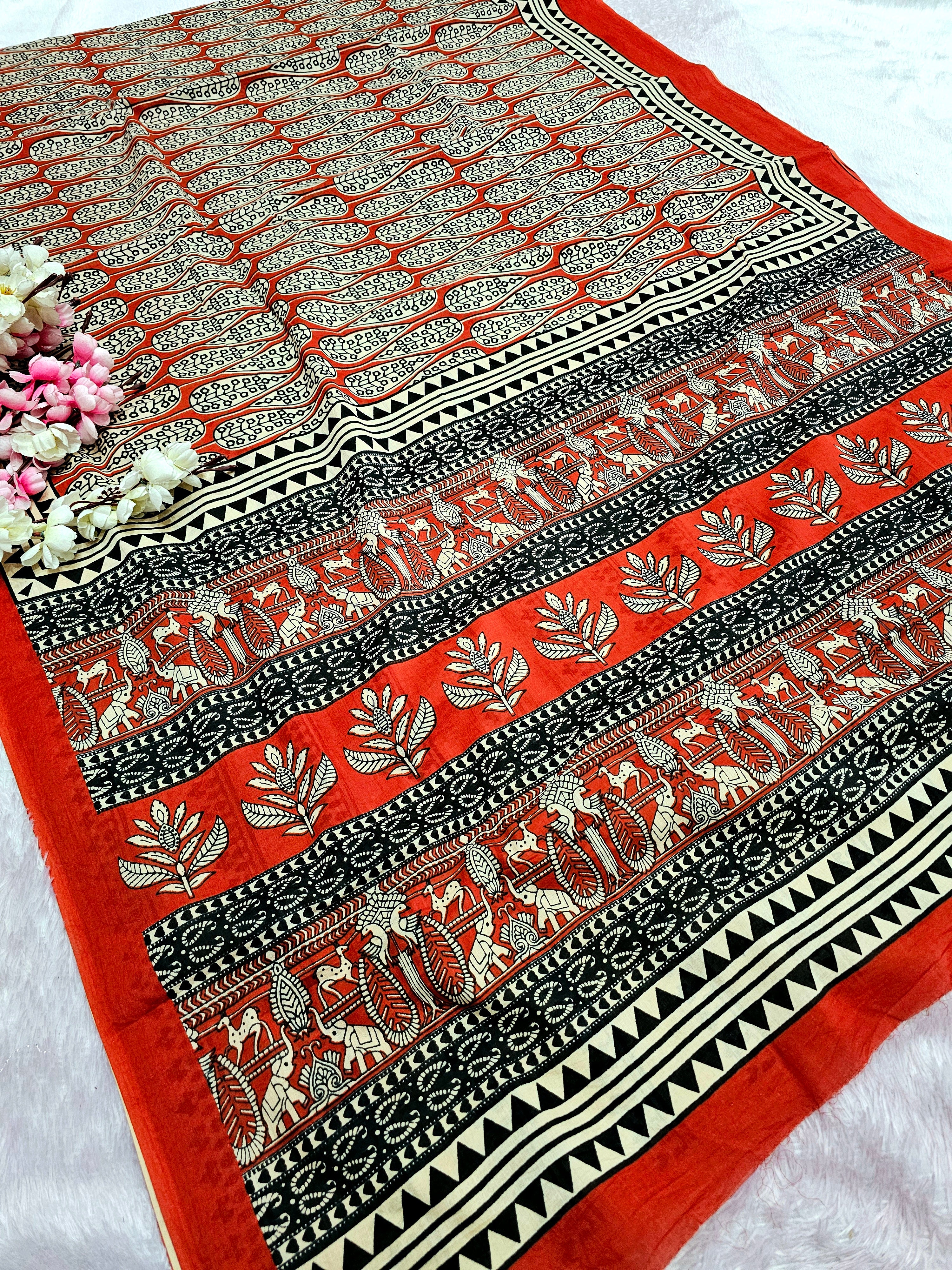 100006 Rajasthani Traditional Pure Malmal Cotton Hand block Printed Red Saree