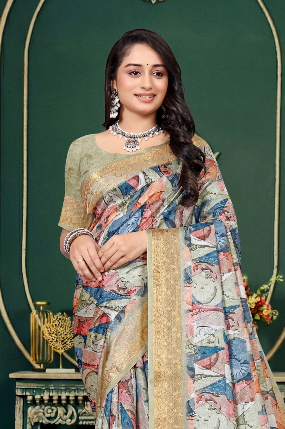 102210 Designer Soft Dola Silk Flower Printed Saree with Zari Weaving Border