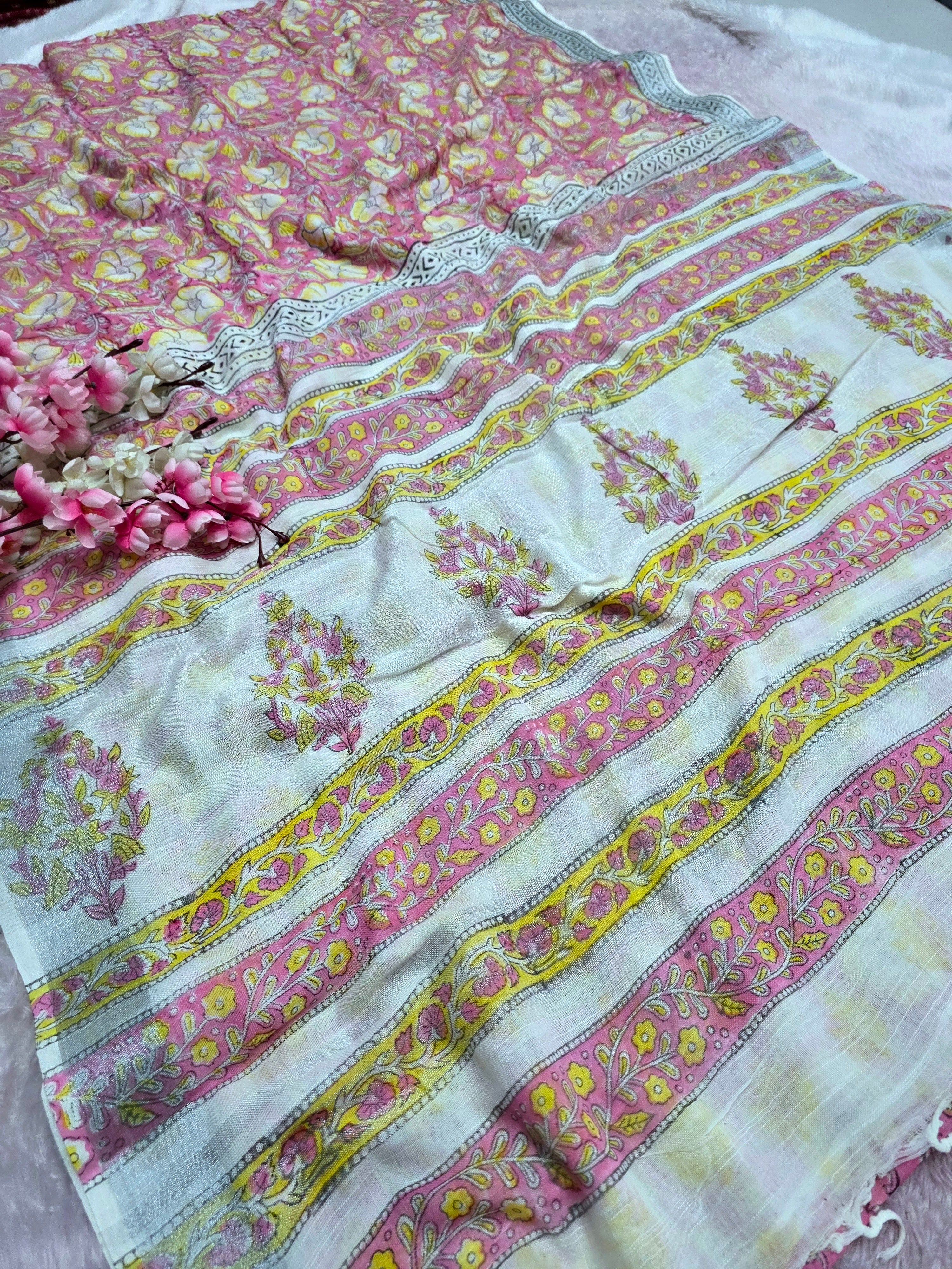 104102 Pure Rajasthani Natural Cotton Linen Hand Printed Saree