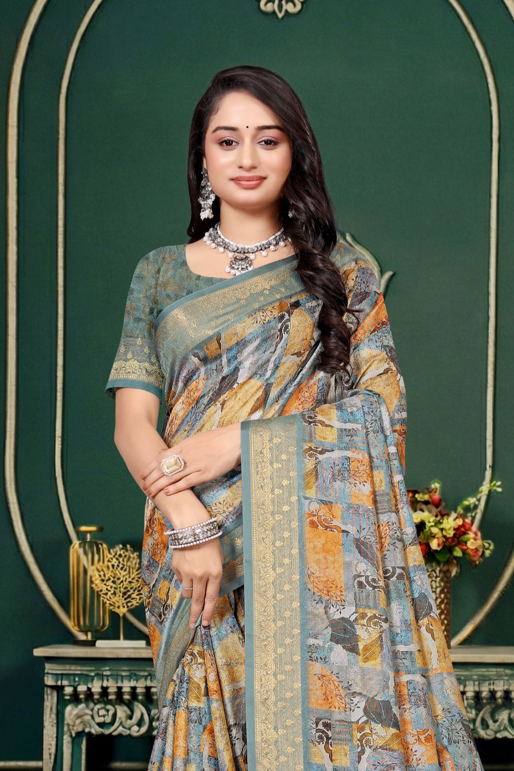 102204 Designer Soft Dola Silk Flower Printed Saree with Zari Weaving Border