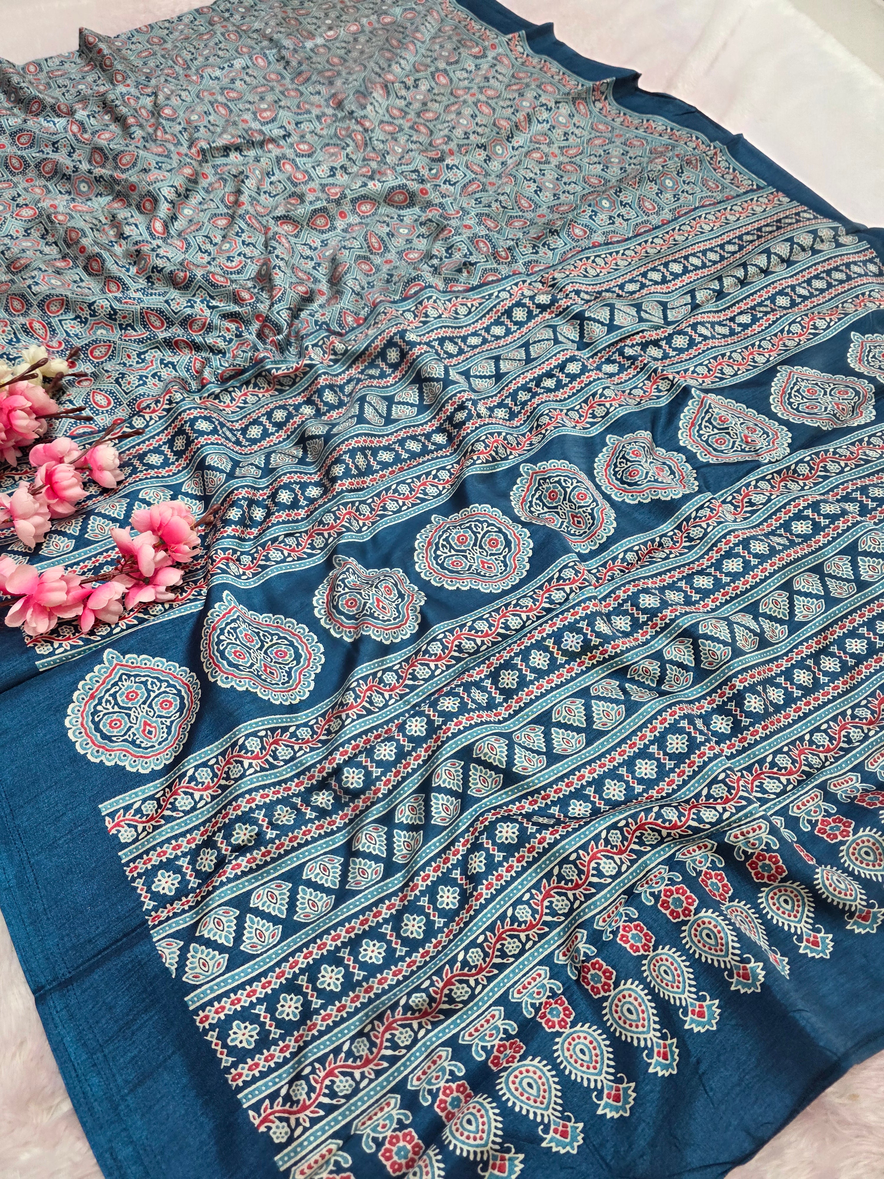 973001 Traditional Ajrakh Print Semi Dola Silk Saree - Blue