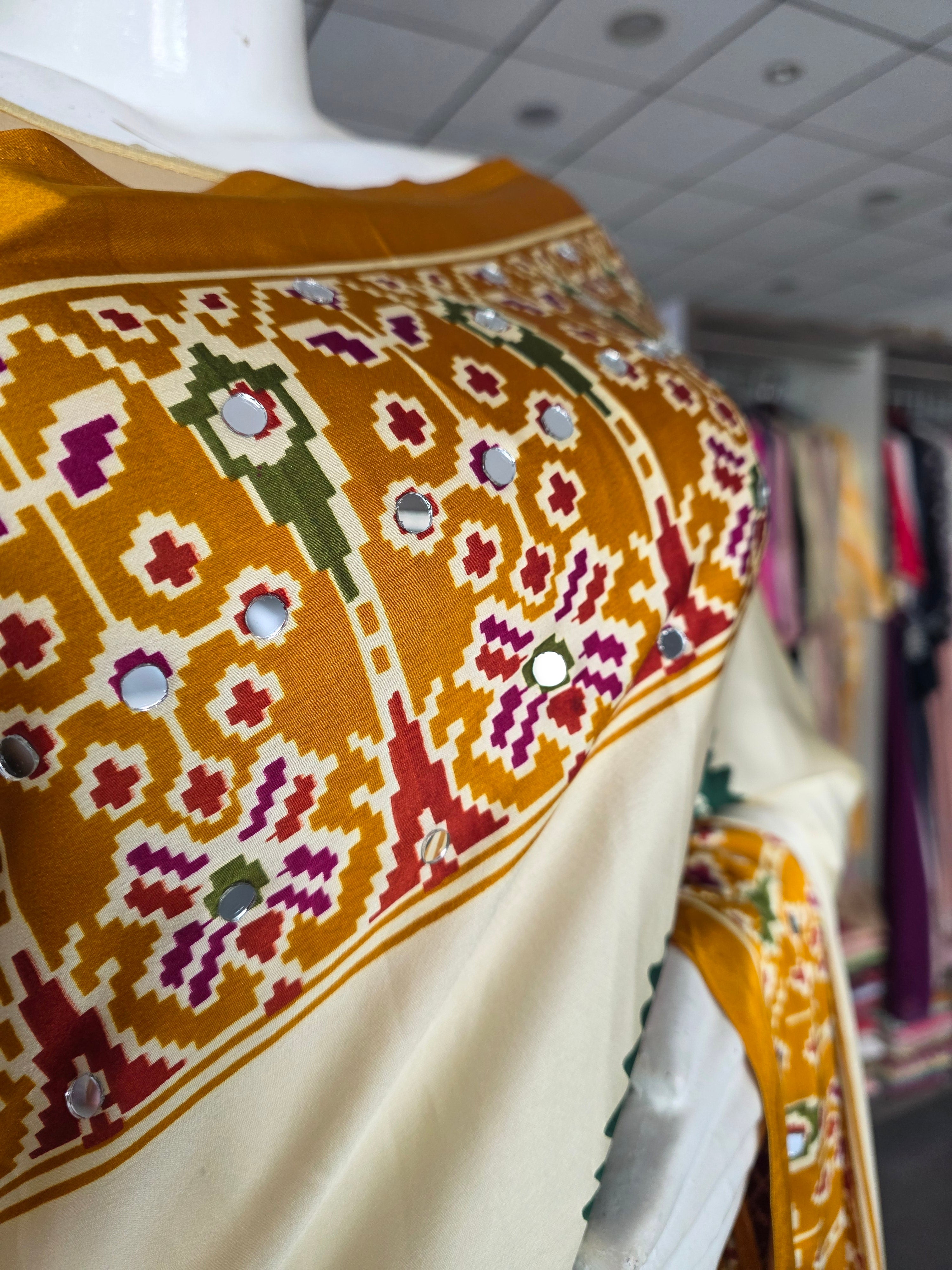 CA0768 Trending Mirror Work Ajrakh Patola Print Semi Modal Silk Saree - Mustered