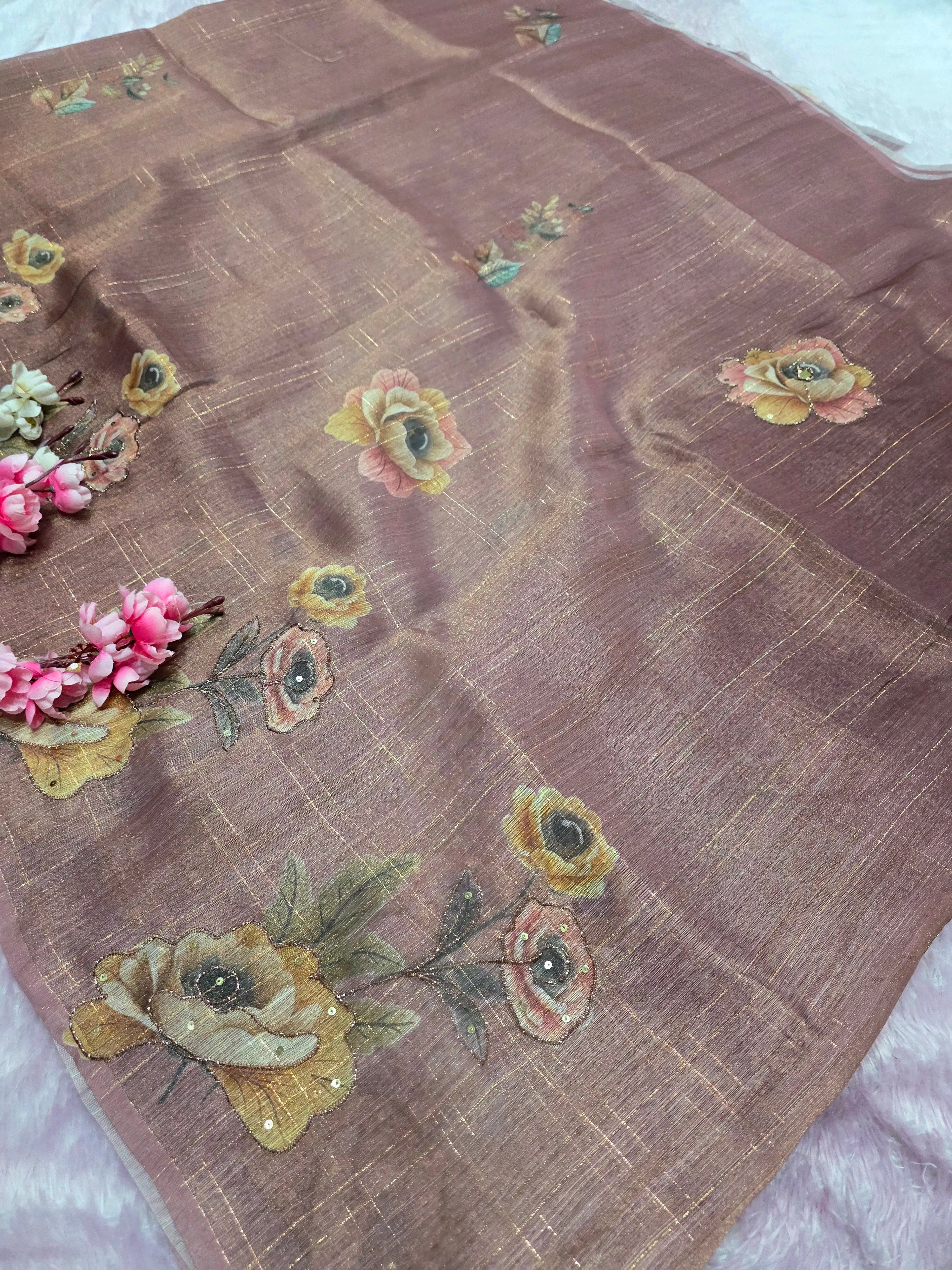 101702 Designer Tissue jute Silk Saree with Rajasthani Hand Aari Tari Work