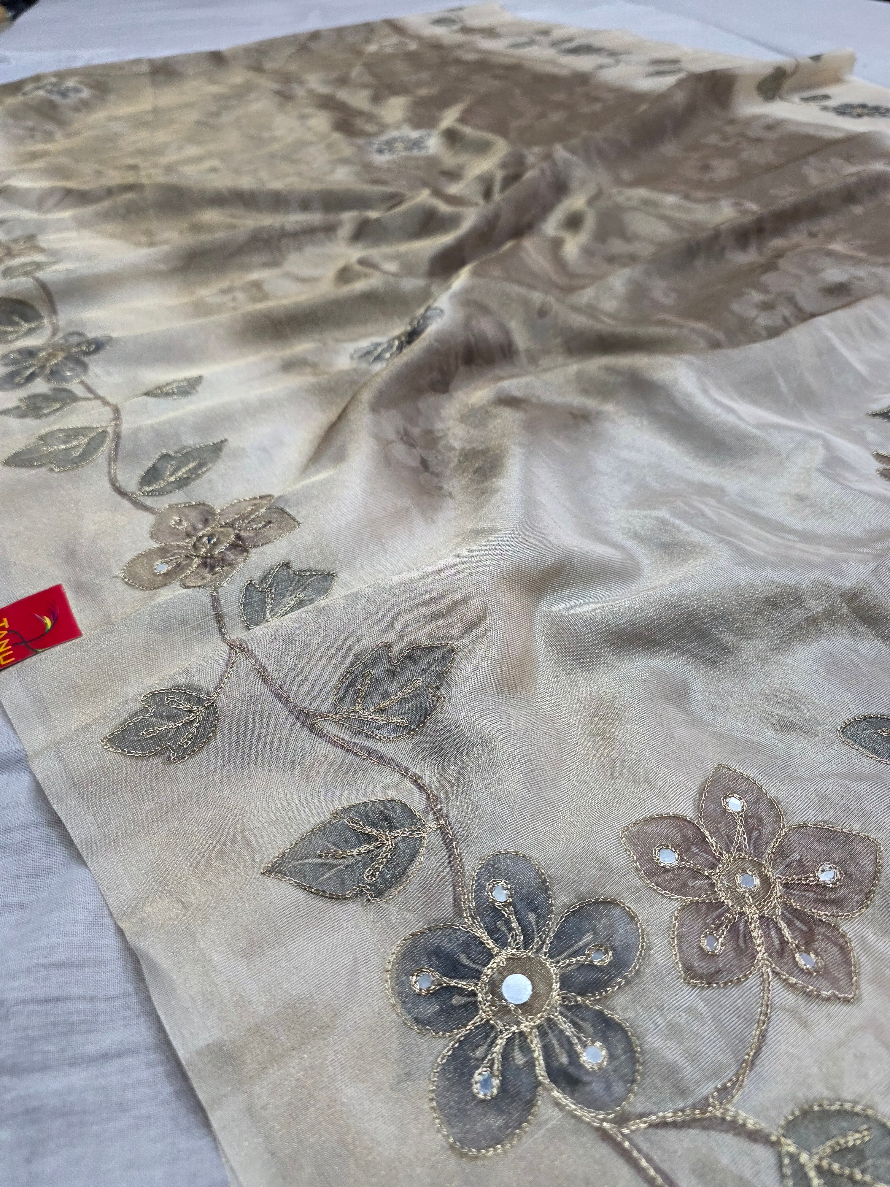 101706 Designer Tissue jute Silk Saree with Rajasthani Hand Aari Tari Work Green