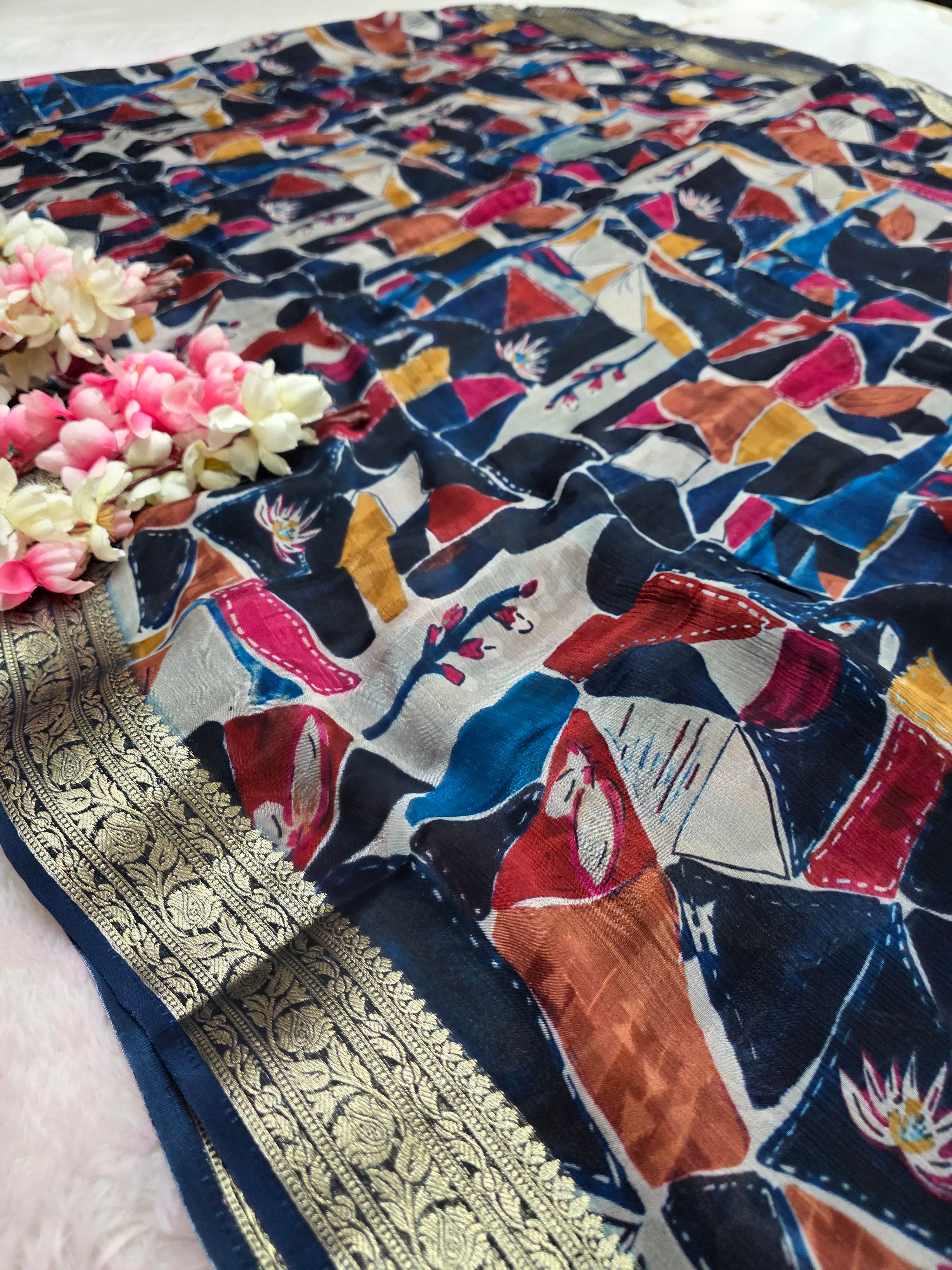 CA0710 Exclusive Pure Chinon Silk Designer Print Saree with Zari Weaving Border
