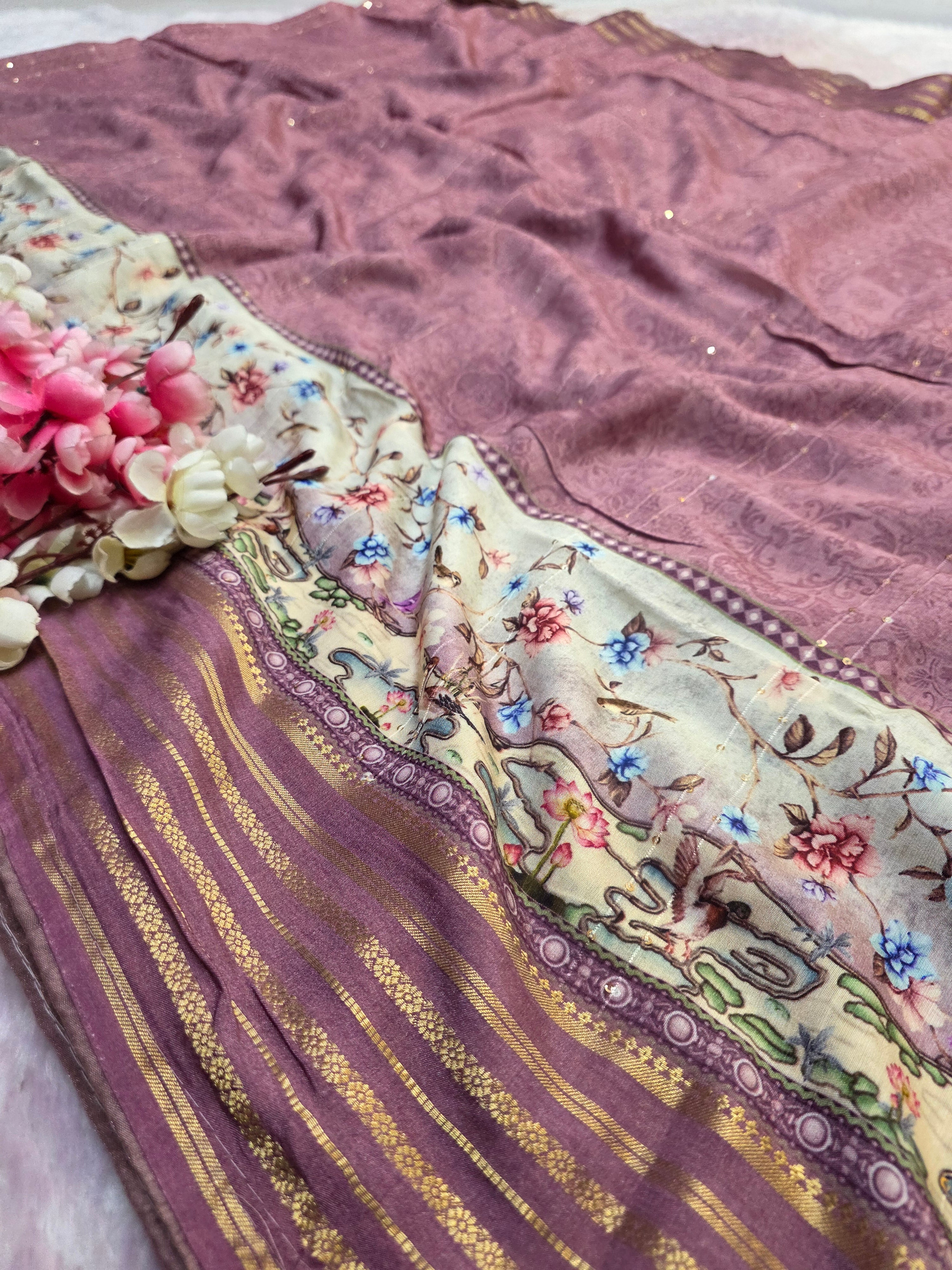 104005 Chitra Special Maslin Silk Designer Hand Print Saree with Zari Weaving Border