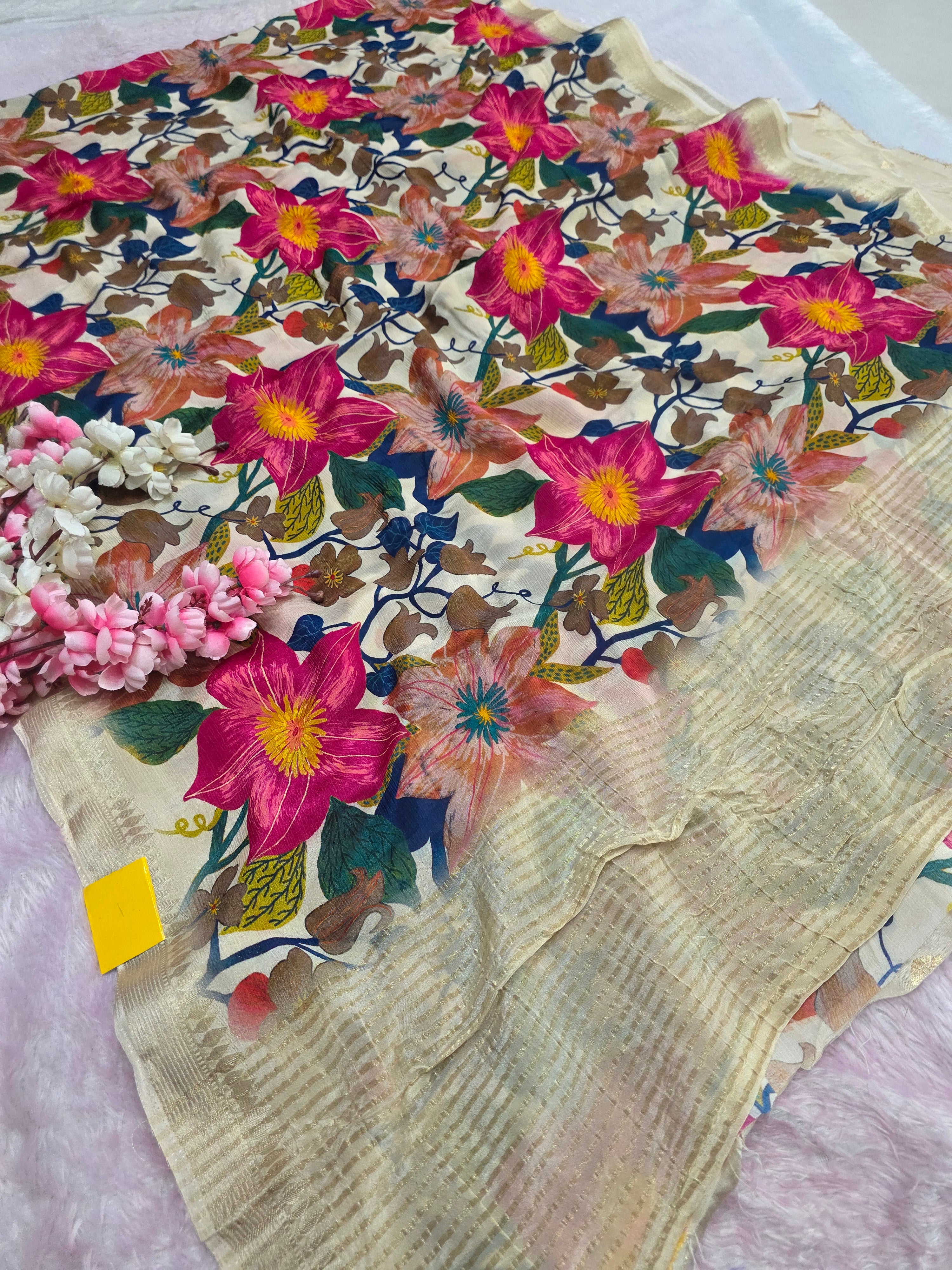 CA0718 Chitra Special Pure Chinon Silk Printed Saree Cream