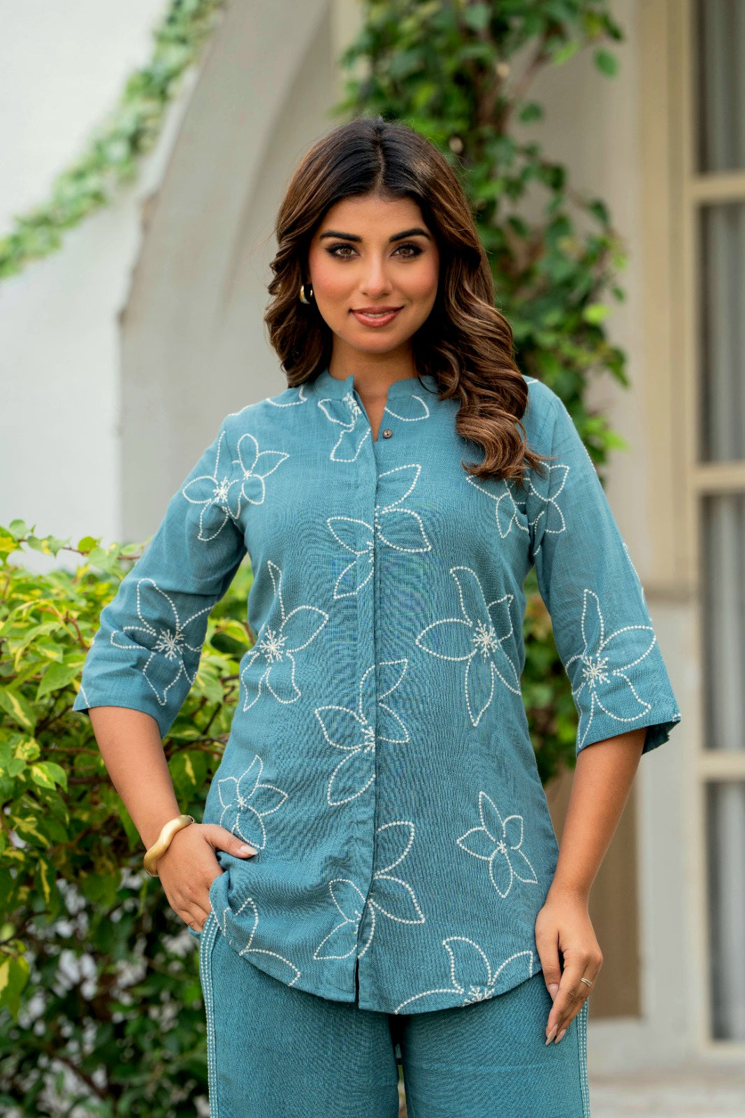 CA0808 Teal Blue Embroidered Pure Cotton Co-Ord Set