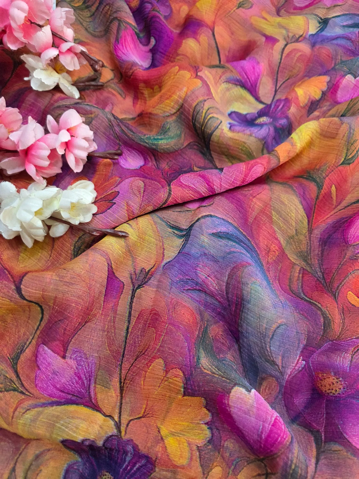 CA1469 Lightweight Elegant Semi Chiffon Flower Print Saree - Pink Purple